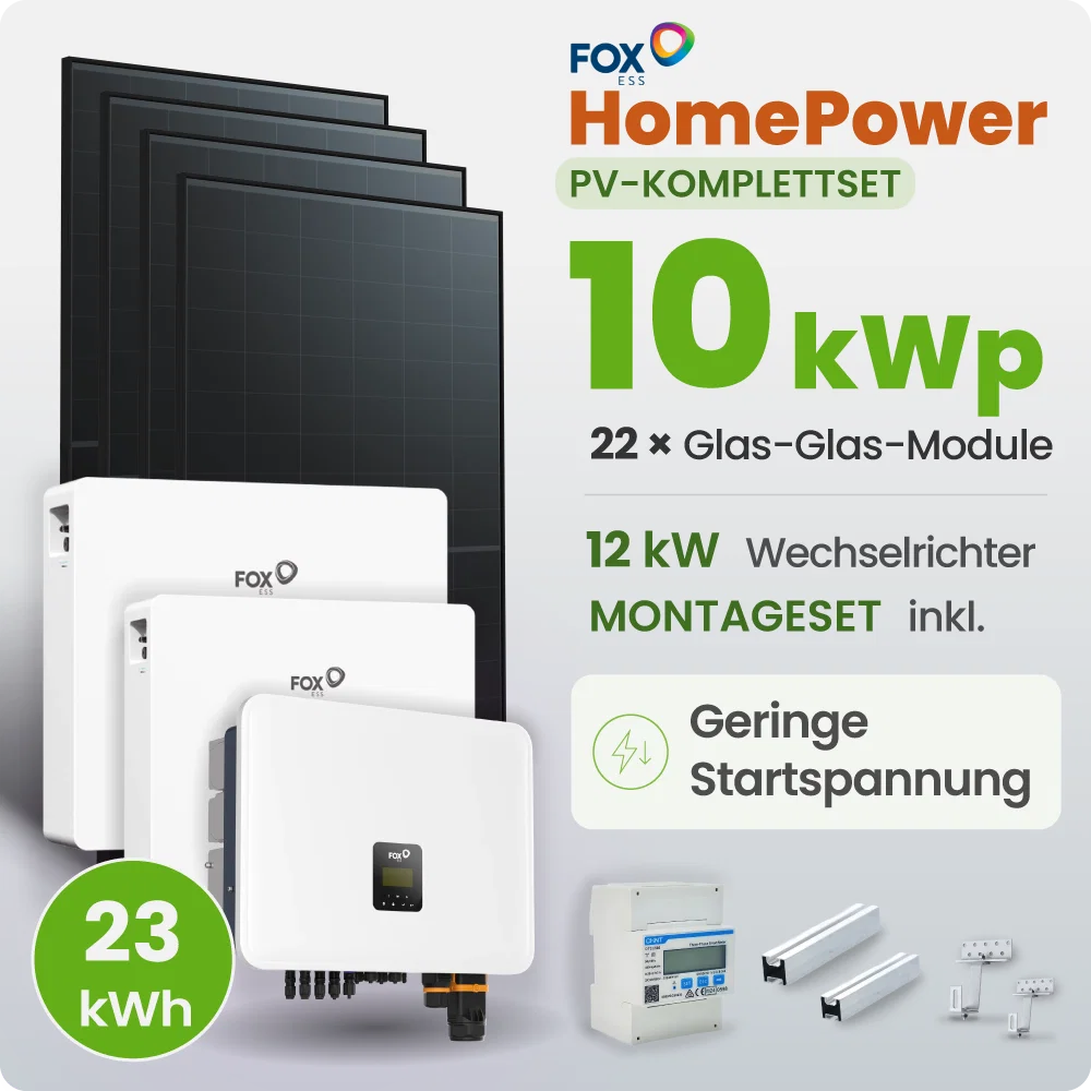 10 kWp FoxEss PV-Anlage 22x 460Wp Glas-Glas Fullblack 23kWh Speicher inkl. Smart Meter - Notstromfähig