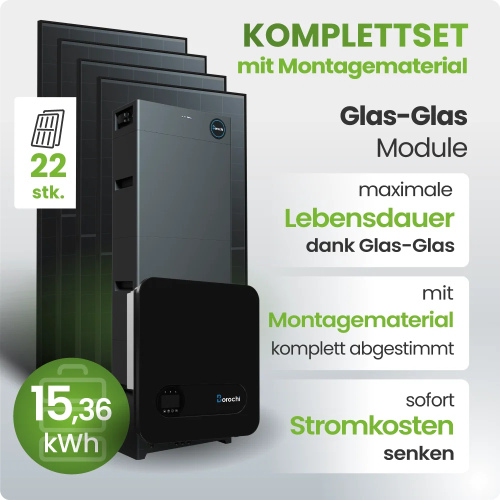 10 kWp Borochi PV-Anlage 22x Trina 455Wp Fullblack 15kWh Speicher Notstromfähig Speicher erweiterbar