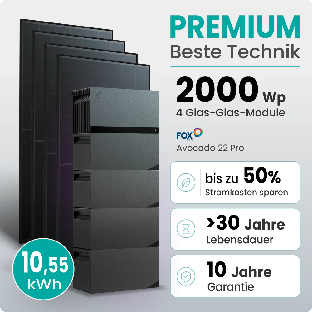 Tepto 2000W Balkonkraftwerk Premium mit FoxEss Avocado 22 Pro 10,55kWh Speicher