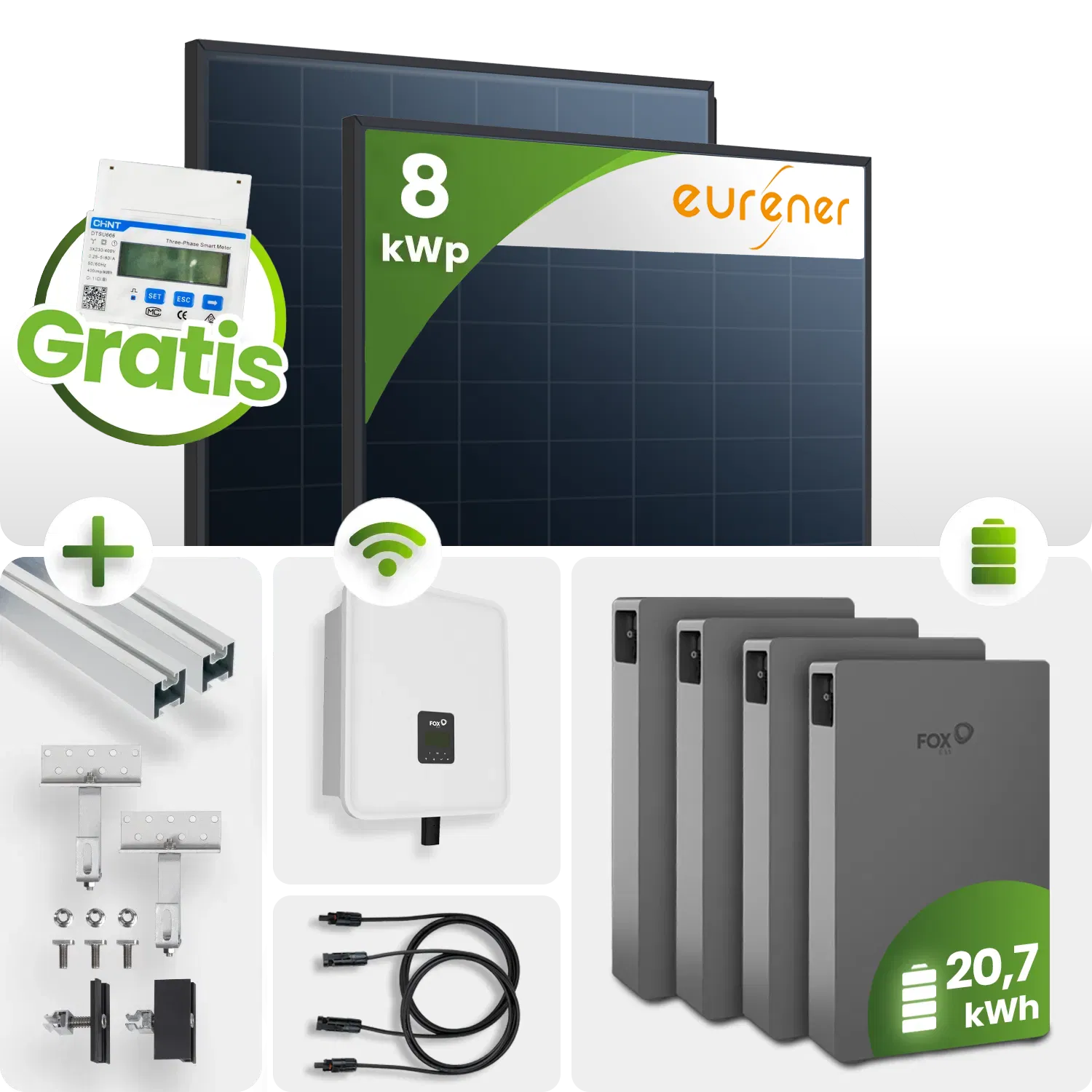 8kWp FoxEss PV-Anlage 18x Eurener 450Wp ULTRA Bifazial Schrägdachmontage 20 kWh Speicher inkl. Smart Meter 8kWp FoxEss PV-Anlage 18x Eurener 450Wp ULTRA Bifazial Schrägdachmontage 20 kWh Speicher inkl. Smart Meter