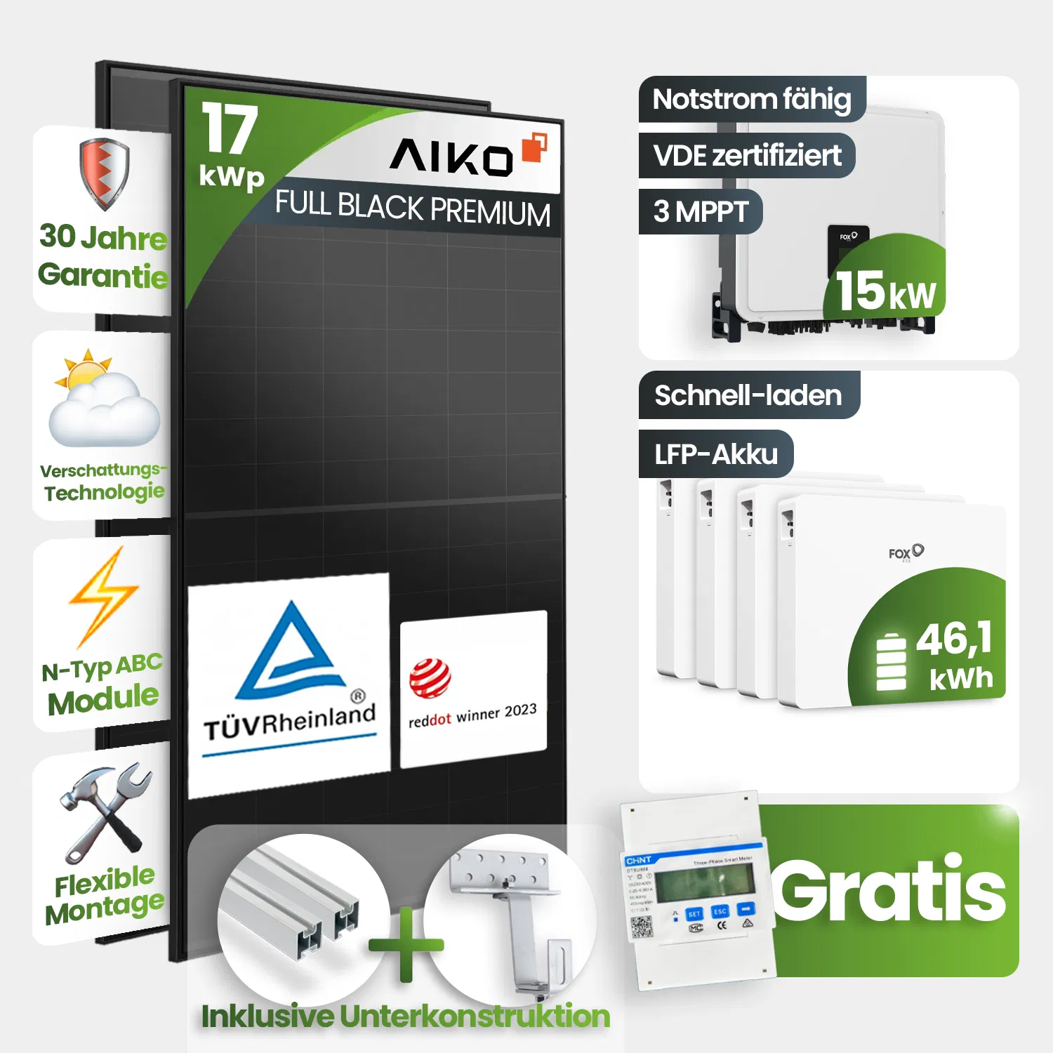 17 kWp PV-Anlage 37x Aiko 460Wp Fullblack Glas-Glas 40kWh Speicher Schrägdachmontage - Notstromfähig