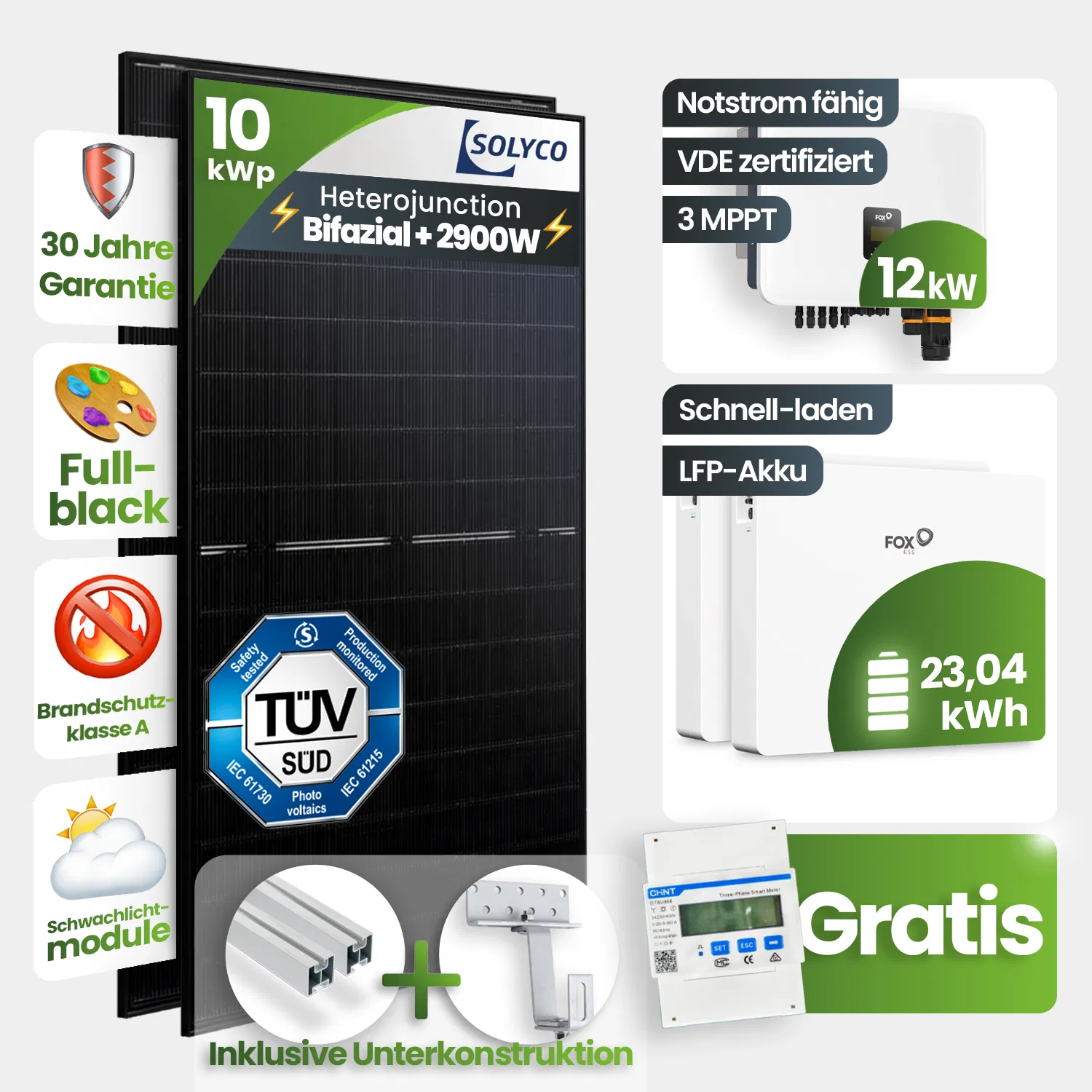 10 kWp FoxEss PV-Anlage 22x Solyco 450Wp HJT Bifazial Fullblack 20kWh Speicher inkl. Smart Meter