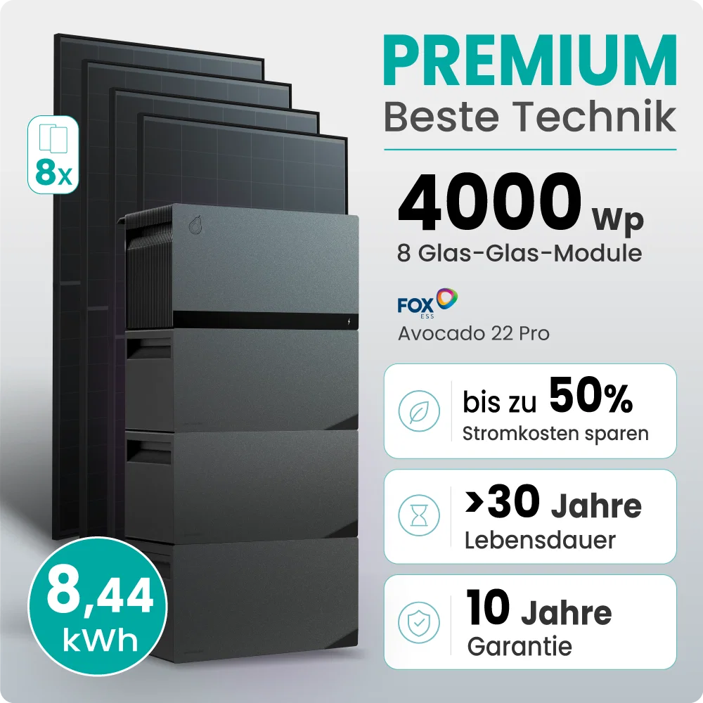 Tepto 4000W Plug&Play PV-Anlage Premium mit FoxEss Avocado 22 Pro 8,44kWh Speicher
