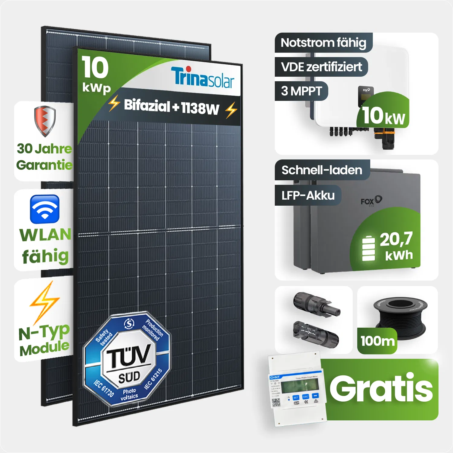 10 kWp FoxEss PV-Anlage 23x Trina 435Wp Bifazial Black Frame 20kWh Speicher Notstromfähig Speicher erweiterbar 10 kWp FoxEss PV-Anlage 23x Trina 435Wp Bifazial Black Frame 20kWh Speicher Notstromfähig Speicher erweiterbar