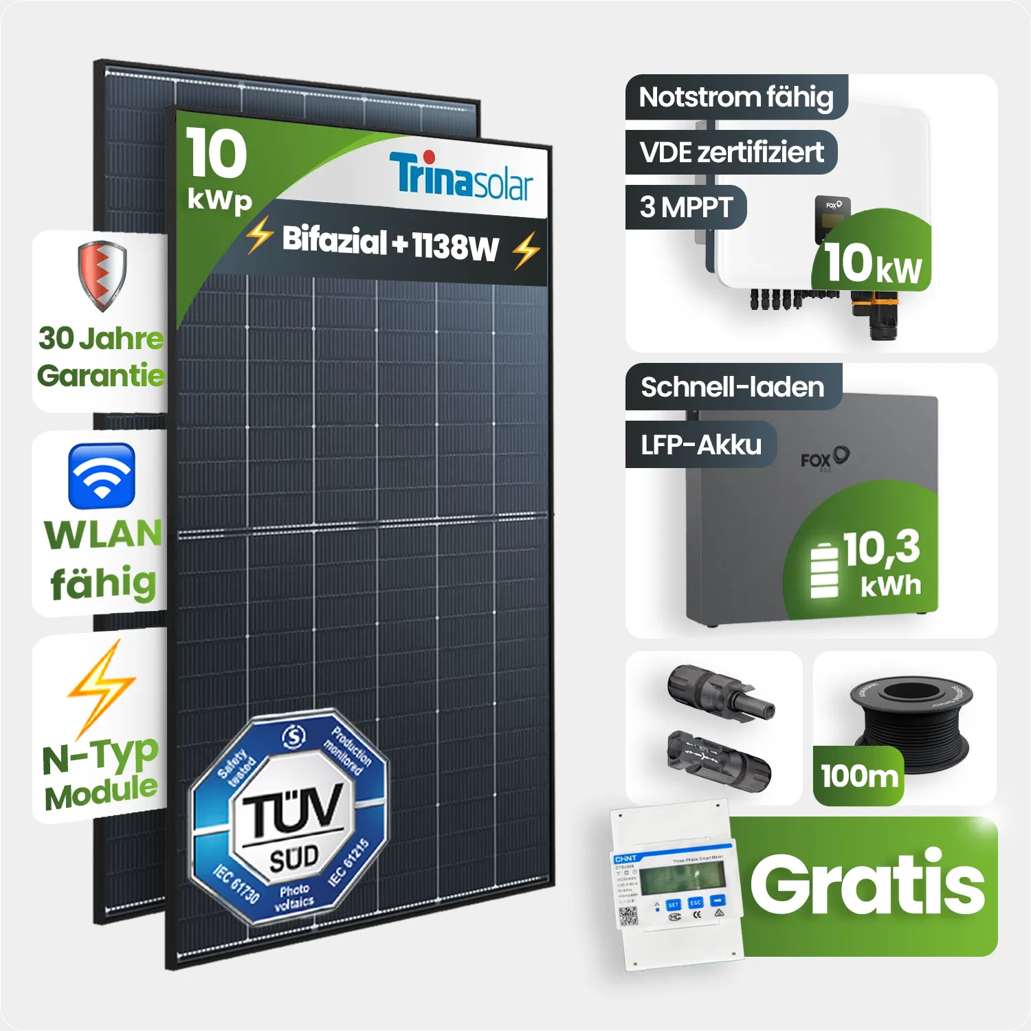 10 kWp FoxEss PV-Anlage 23x Trina 435Wp Bifazial Black Frame 10kWh Speicher Notstromfähig Speicher erweiterbar 10 kWp FoxEss PV-Anlage 23x Trina 435Wp Bifazial Black Frame 10kWh Speicher Notstromfähig Speicher erweiterbar