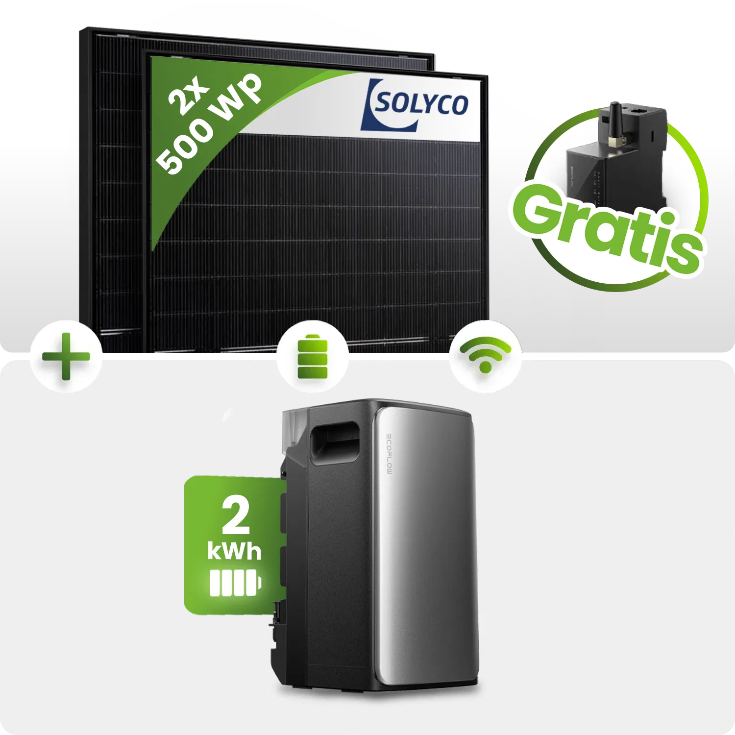 1000Wp Balkonkraftwerk 2x 500Wp Solyco HJT Bifazial Fullblack 2kWh Speicher EcoFlow Ultra 1000Wp Balkonkraftwerk 2x 500Wp Solyco HJT Bifazial Fullblack 2kWh Speicher EcoFlow Ultra