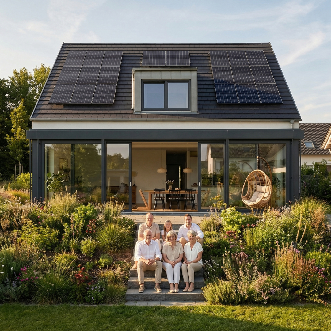 Solaranlage, Doppelhaushälfte, Garten, Familie, Sonnenenergie
