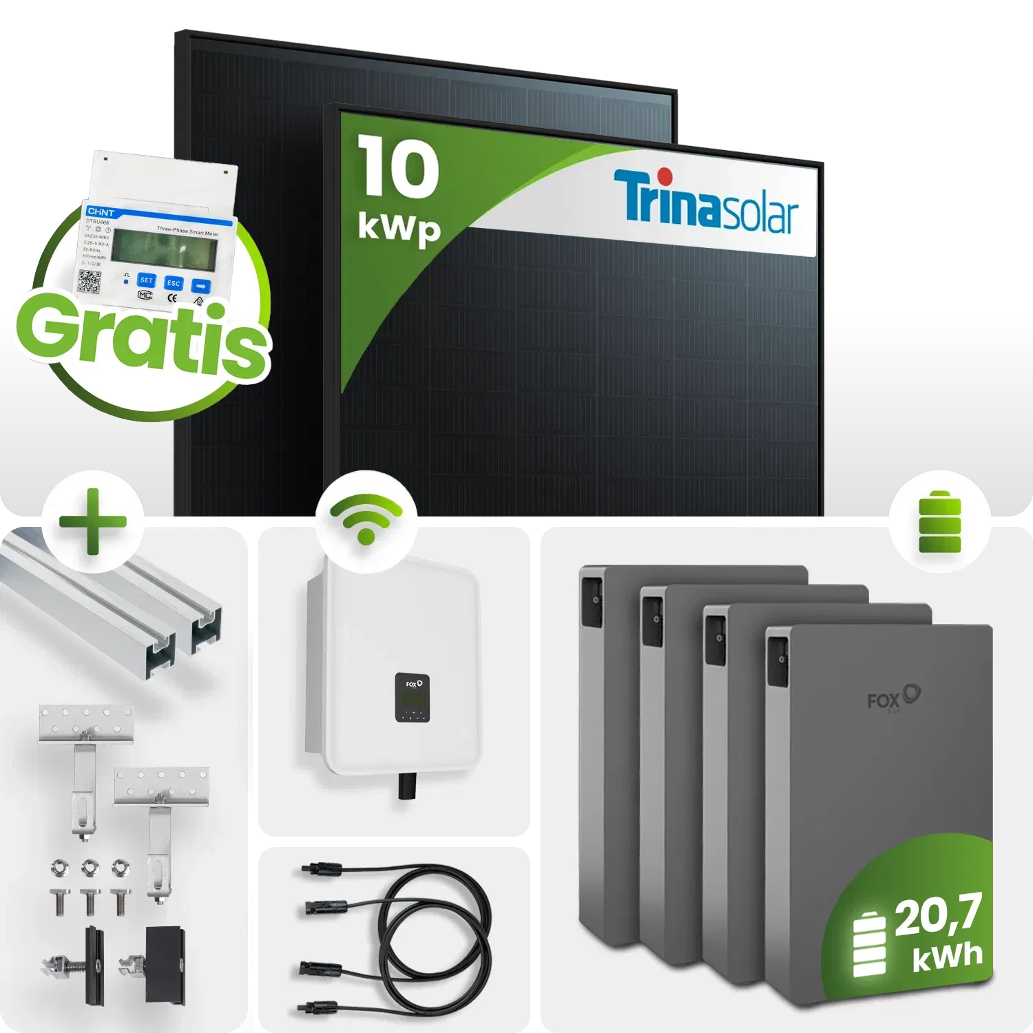 10 kWp FoxEss PV-Anlage 22x Trina 450Wp Glas-Glas Fullblack 20 kWh Speicher inkl. Smart Meter 10 kWp FoxEss PV-Anlage 22x Trina 450Wp Glas-Glas Fullblack 20 kWh Speicher inkl. Smart Meter