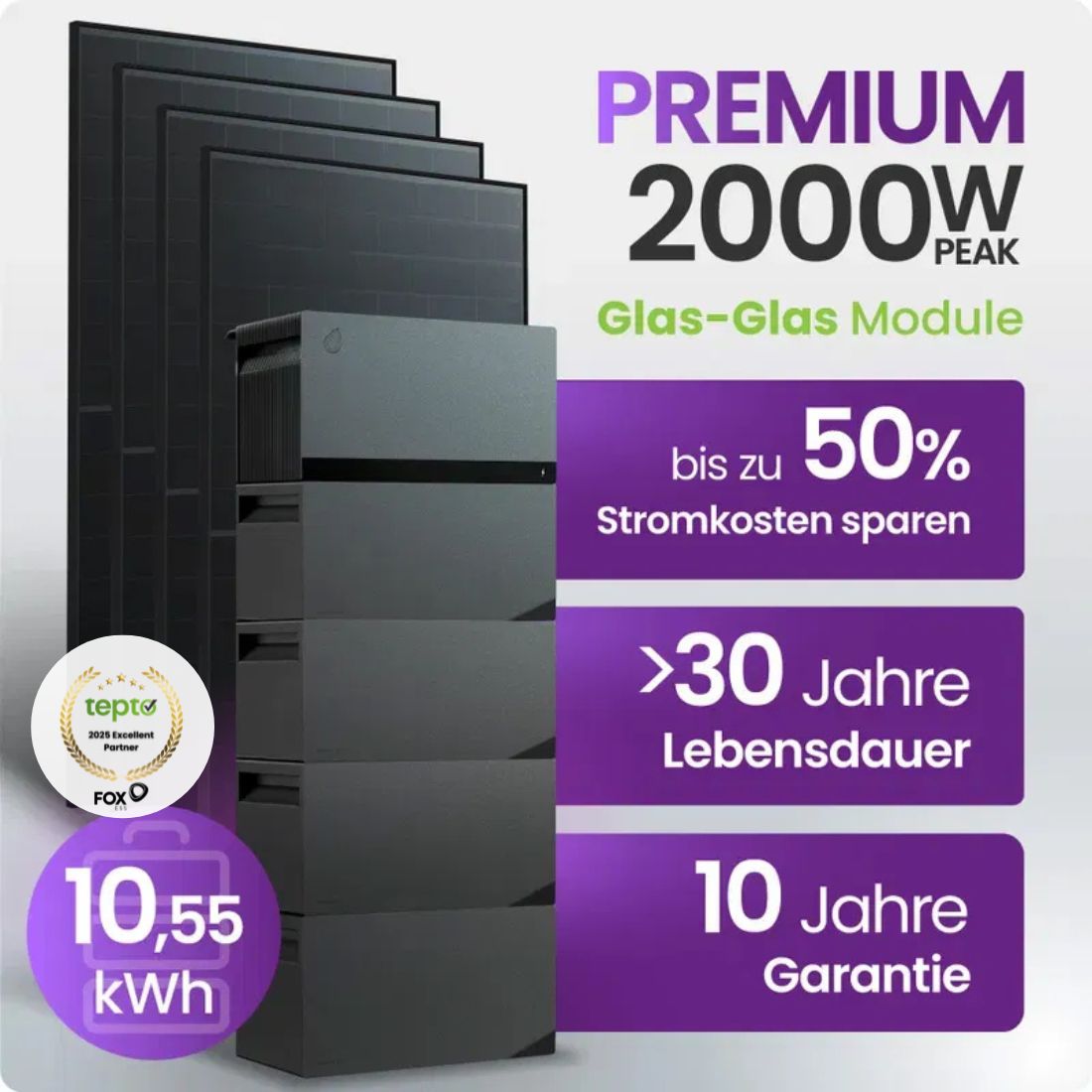 Glas-Glas Modul, Solar-Panel, Batterie-Block, Stromspeicher, Gehäuse grau