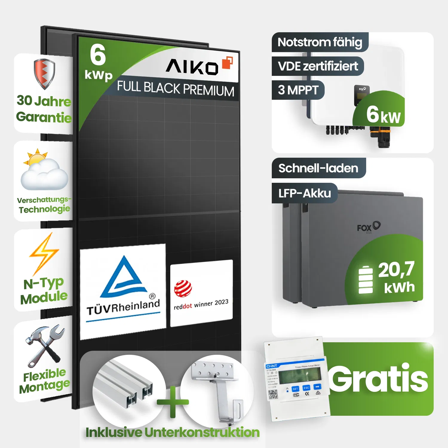 6kWp FoxEss PV-Anlage 13x Aiko 460Wp Glas-Glas Fullblack Schrägdachmontage 20kWh Speicher inkl. Smart Meter 6kWp FoxEss PV-Anlage 13x Aiko 460Wp Glas-Glas Fullblack Schrägdachmontage 20kWh Speicher inkl. Smart Meter
