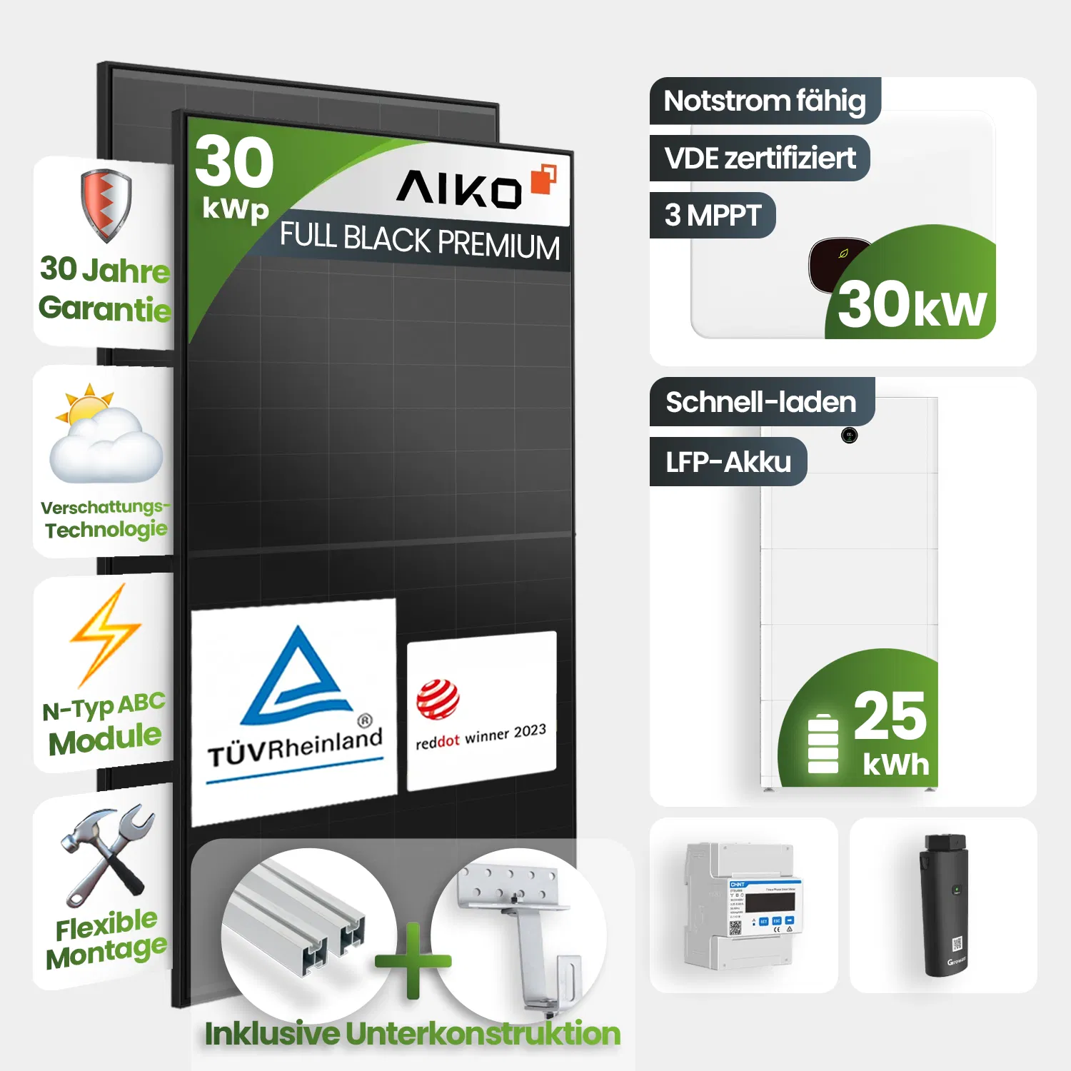 30 kWp Growatt PV-Anlage 60x Aiko 500Wp Glas-Glas Fullblack mit 25 kWh Speicher