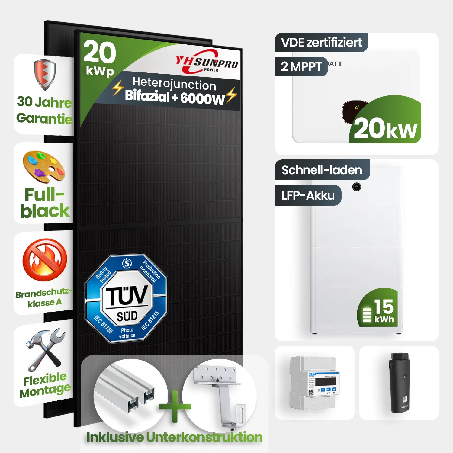 20 kWp Growatt PV-Anlage 40x Sunpro 500Wp Bifazial Fullblack mit 15 kWh Speicher 20 kWp Growatt PV-Anlage 40x Sunpro 500Wp Bifazial Fullblack mit 15 kWh Speicher