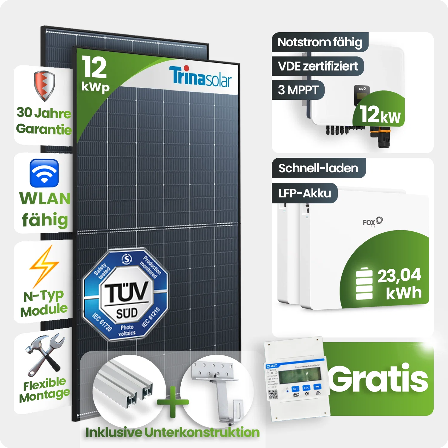 12 kWp FoxEss PV-Anlage 26x Trina 465Wp Glas-Glas Black Frame 23,04kWh Speicher inkl. Smart Meter