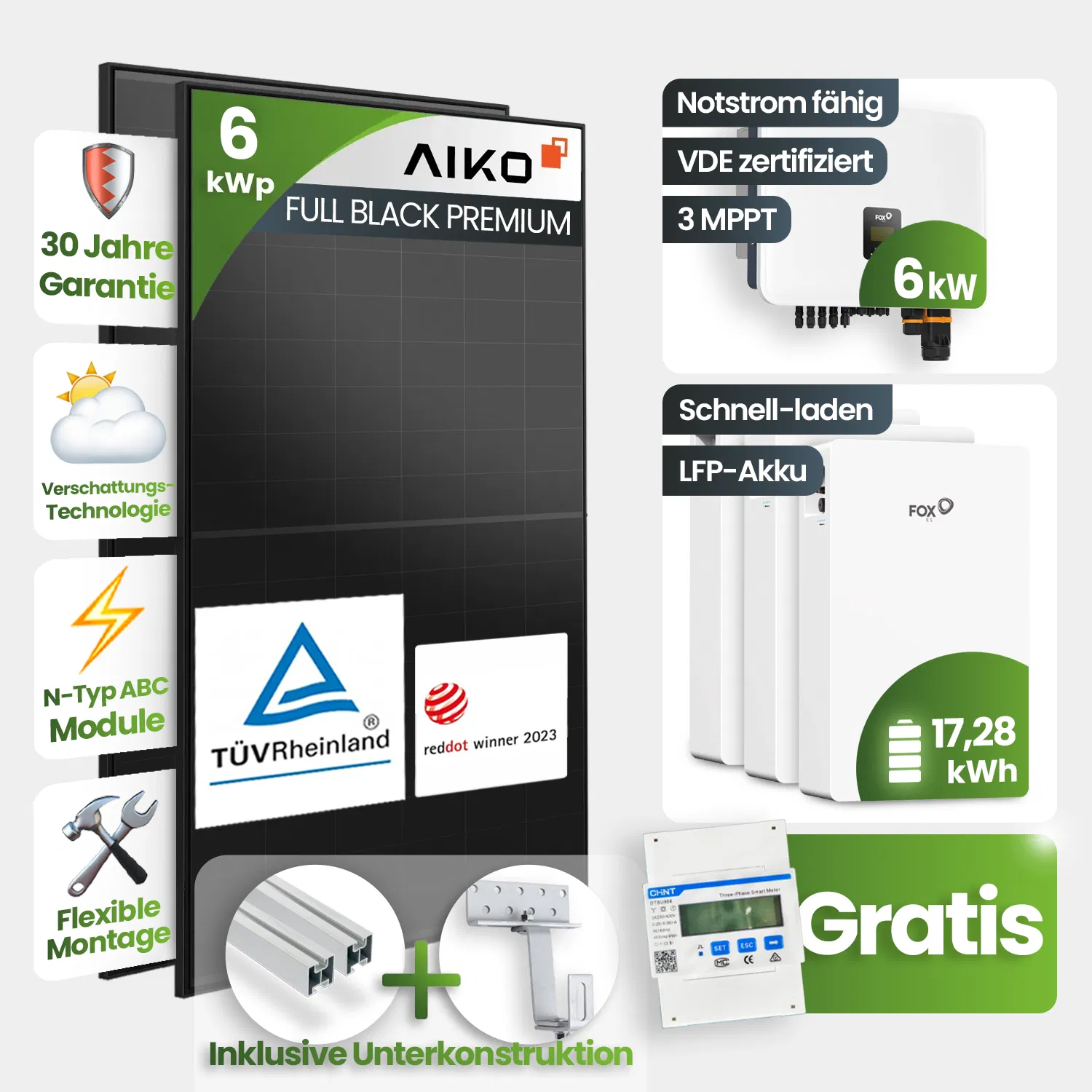 6kWp FoxEss PV-Anlage 13x Aiko 460Wp Glas-Glas Fullblack Schrägdachmontage 17,28kWh Speicher inkl. Smart Meter 6kWp FoxEss PV-Anlage 13x Aiko 460Wp Glas-Glas Fullblack Schrägdachmontage 17,28kWh Speicher inkl. Smart Meter