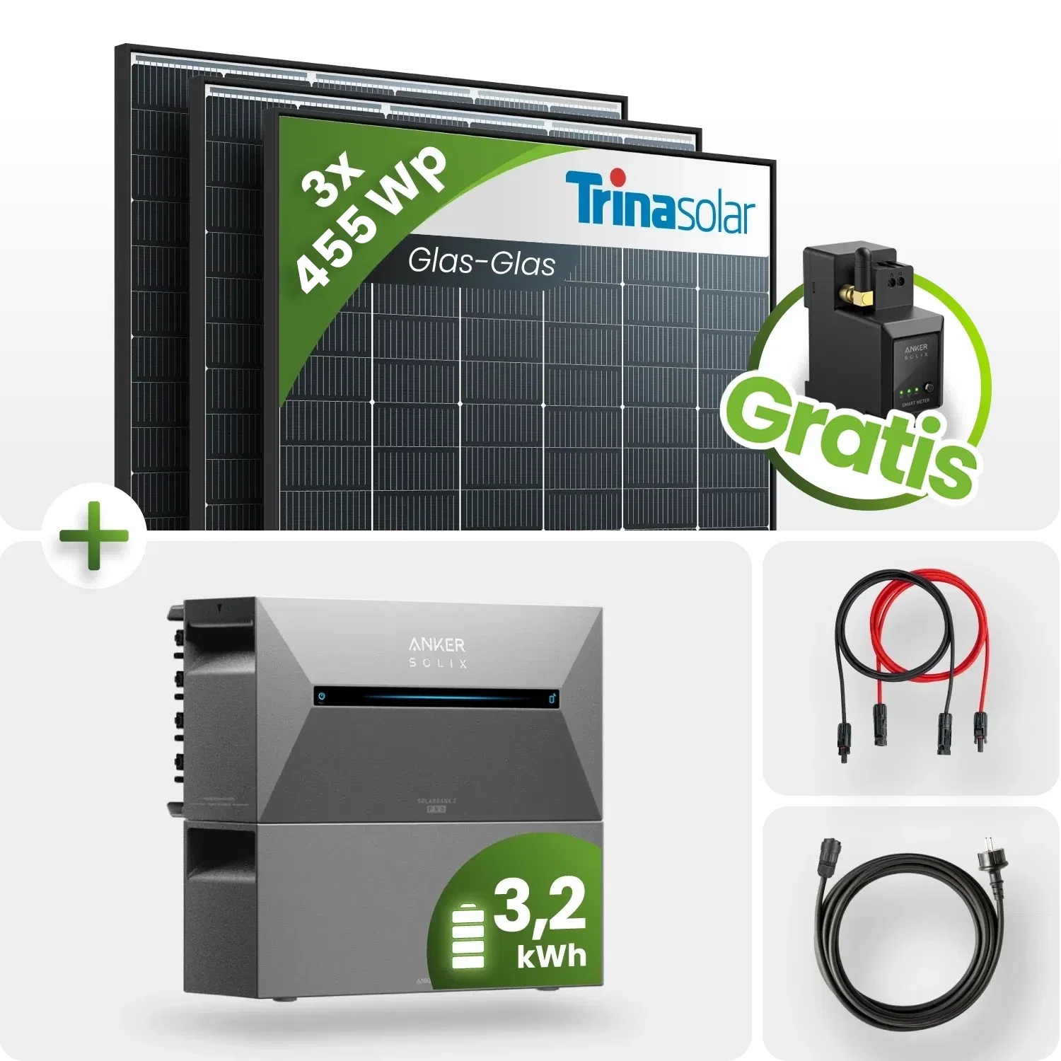 1365Wp Balkonkraftwerk 3,2kWh Speicher Anker Solarbank 2 –3x455Wp Trina Black Frame