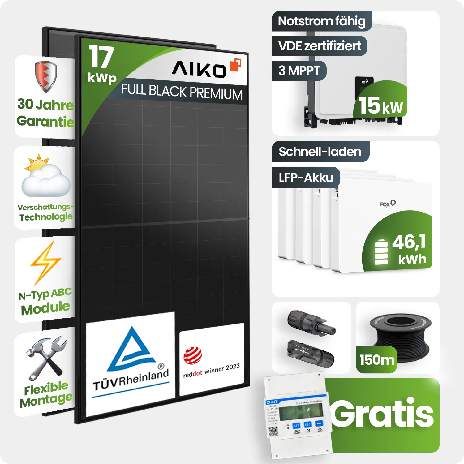 17 kWp PV-Anlage 37x Aiko 460Wp Fullblack Glas-Glas 46,08kWh Speicher - Notstromfähig