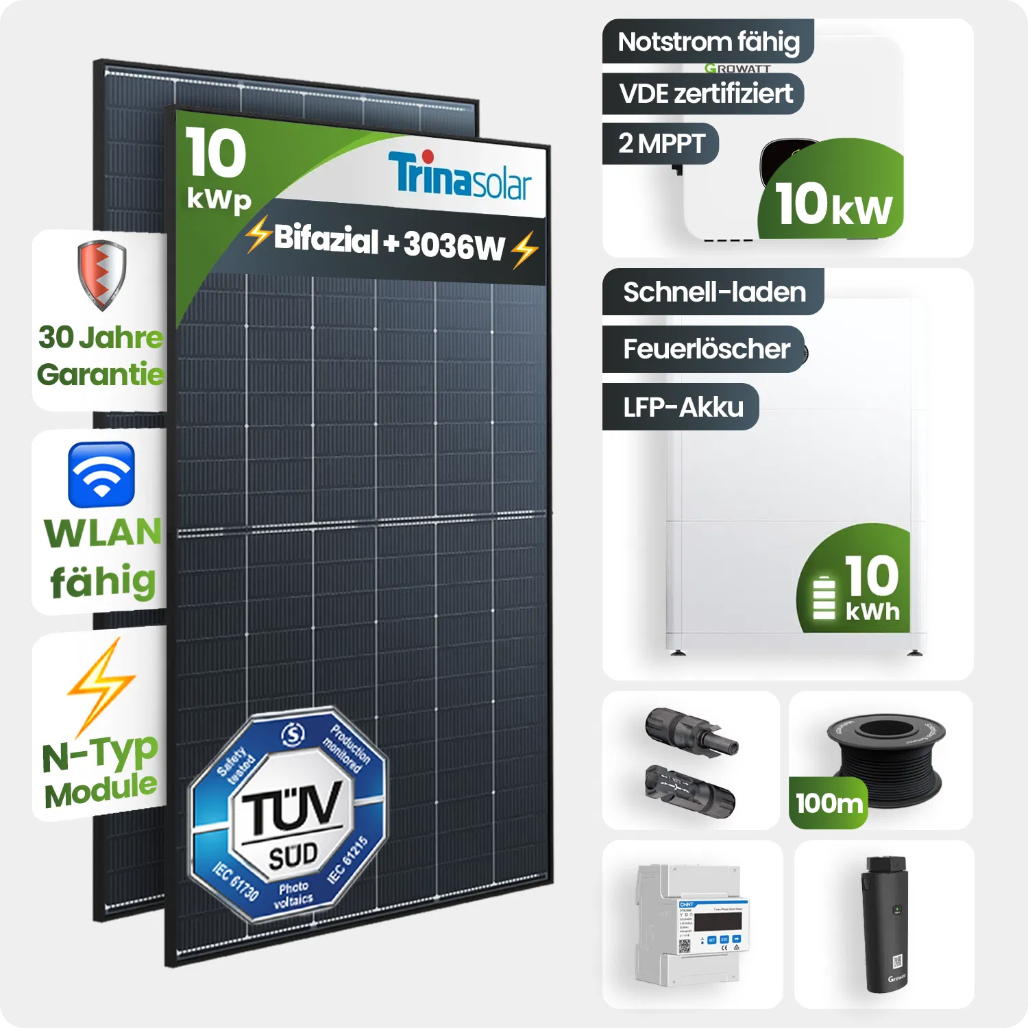 10kWp Growatt PV-Anlage 23x Trina 440Wp Glas-Glas Bifazial mit 10kWh Speicher Notstromfähig Speicher erweiterbar 10kWp Growatt PV-Anlage 23x Trina 440Wp Glas-Glas Bifazial mit 10kWh Speicher Notstromfähig Speicher erweiterbar