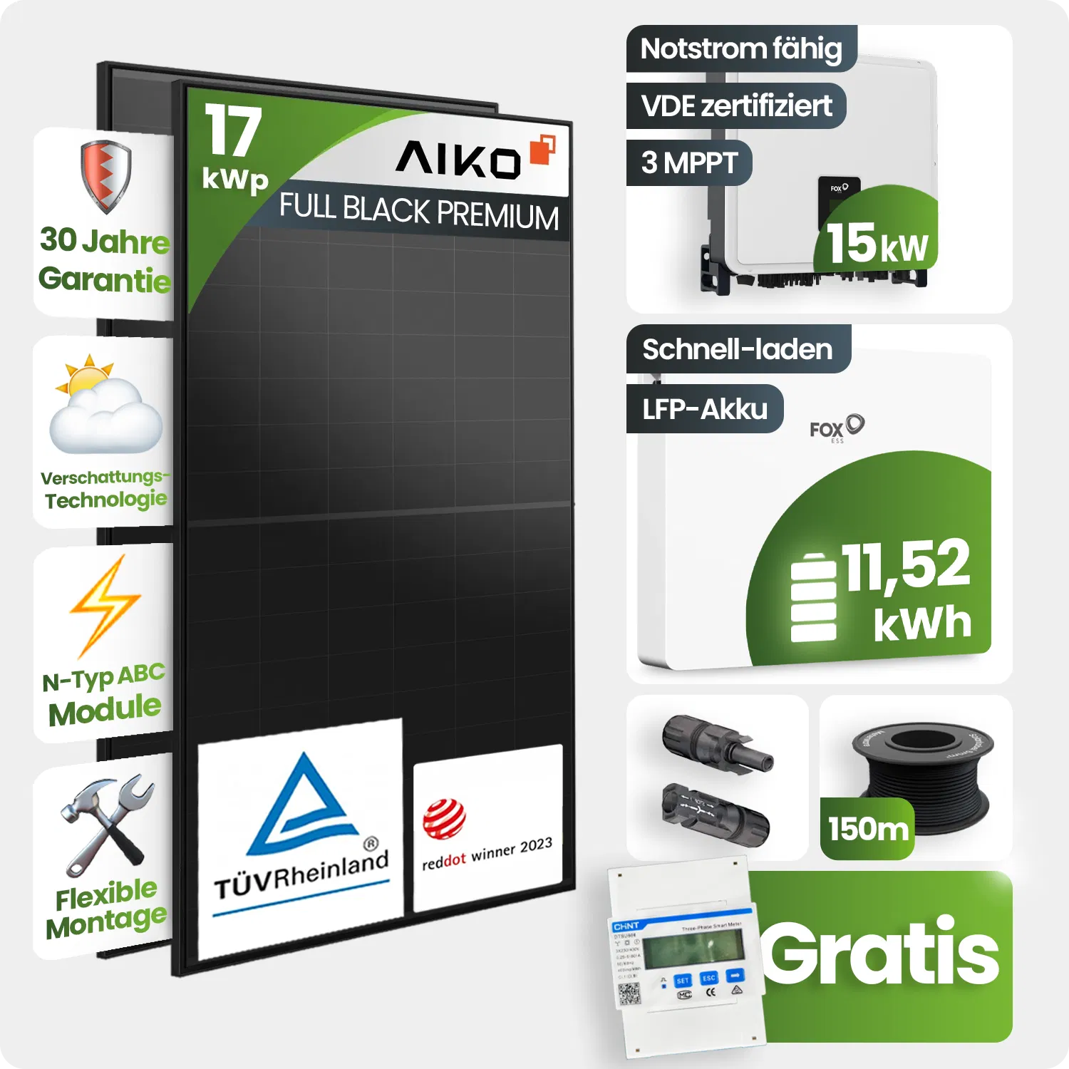 17 kWp PV-Anlage 37x Aiko 460Wp Fullblack Glas-Glas 11,52kWh Speicher - Notstromfähig