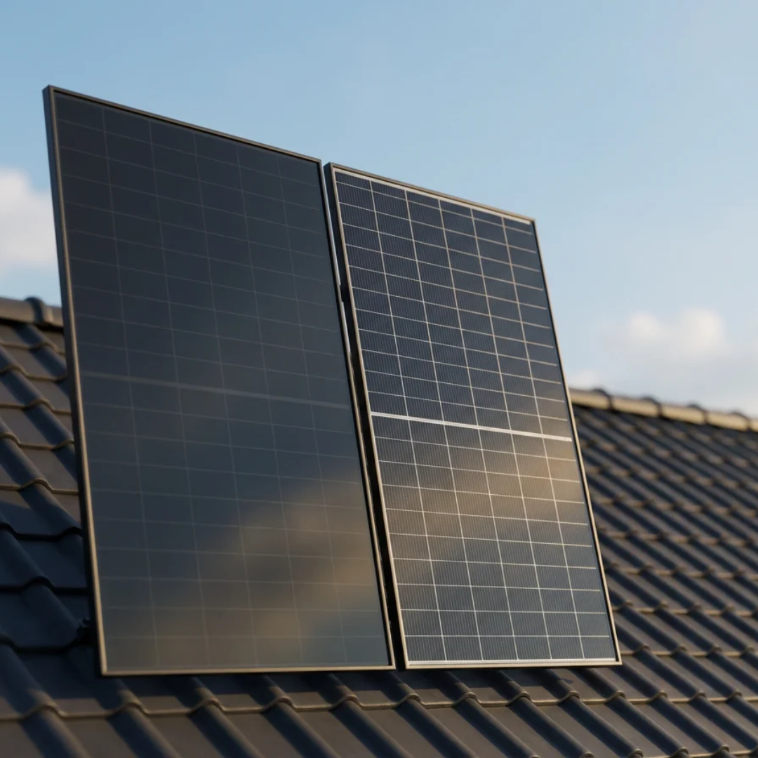 Solarmodule, Photovoltaik, Dachmontage, Schwarze Module, Rahmen aus Metall