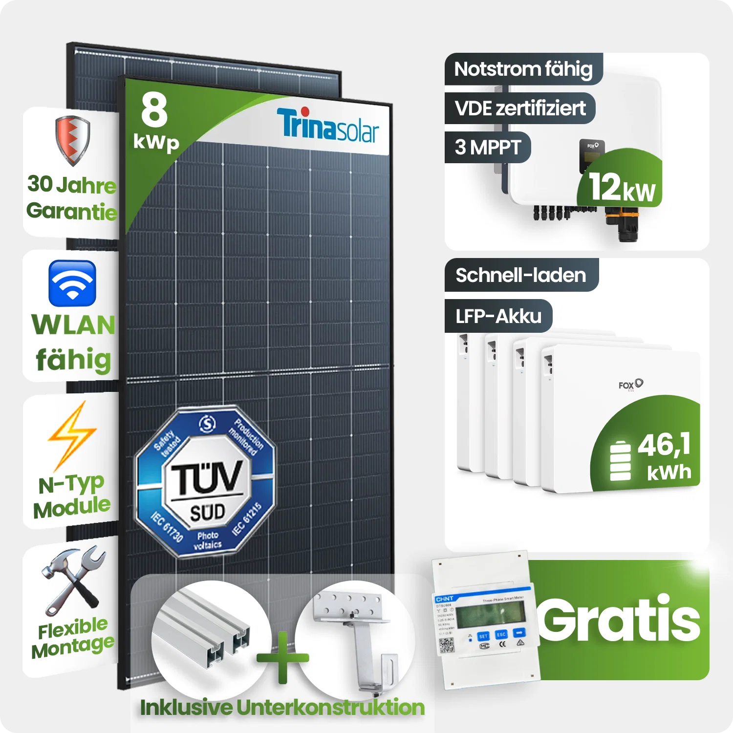 8 kWp FoxEss PV-Anlage 18x Trina 455Wp Glas-Glas Fullblack Schrägdach 46,08kWh Speicher inkl. Smart Meter