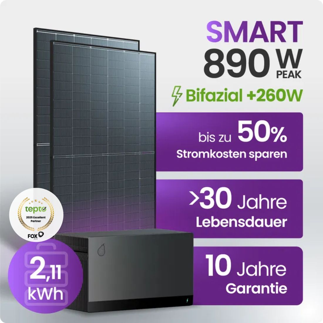 Tepto 890W Balkonkraftwerk Smart mit FoxEss Avocado 22 Pro 2,11kWh Speicher