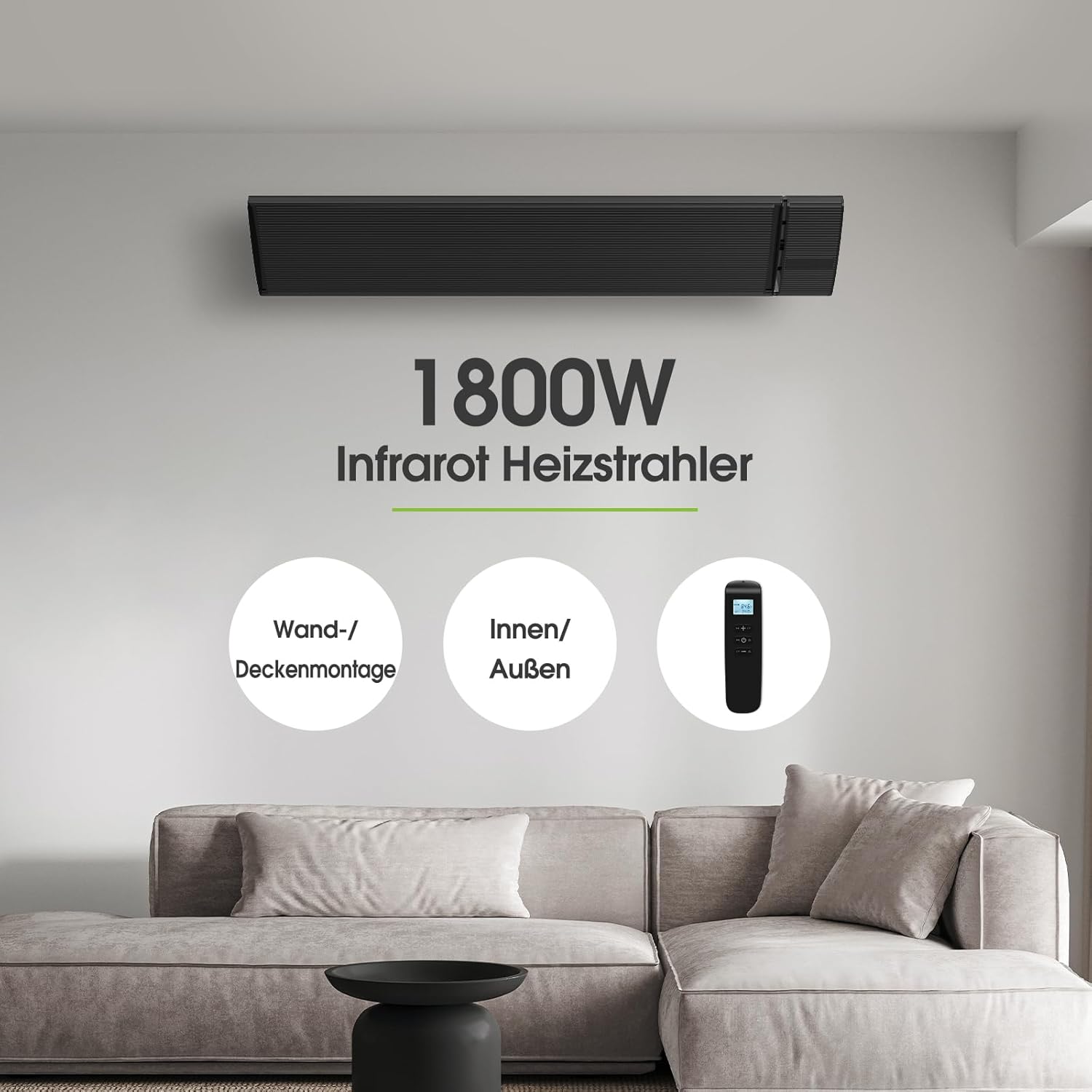 infrarotheizstrahler, 1800W, wandmontage, innenaußen, fernbedienung
