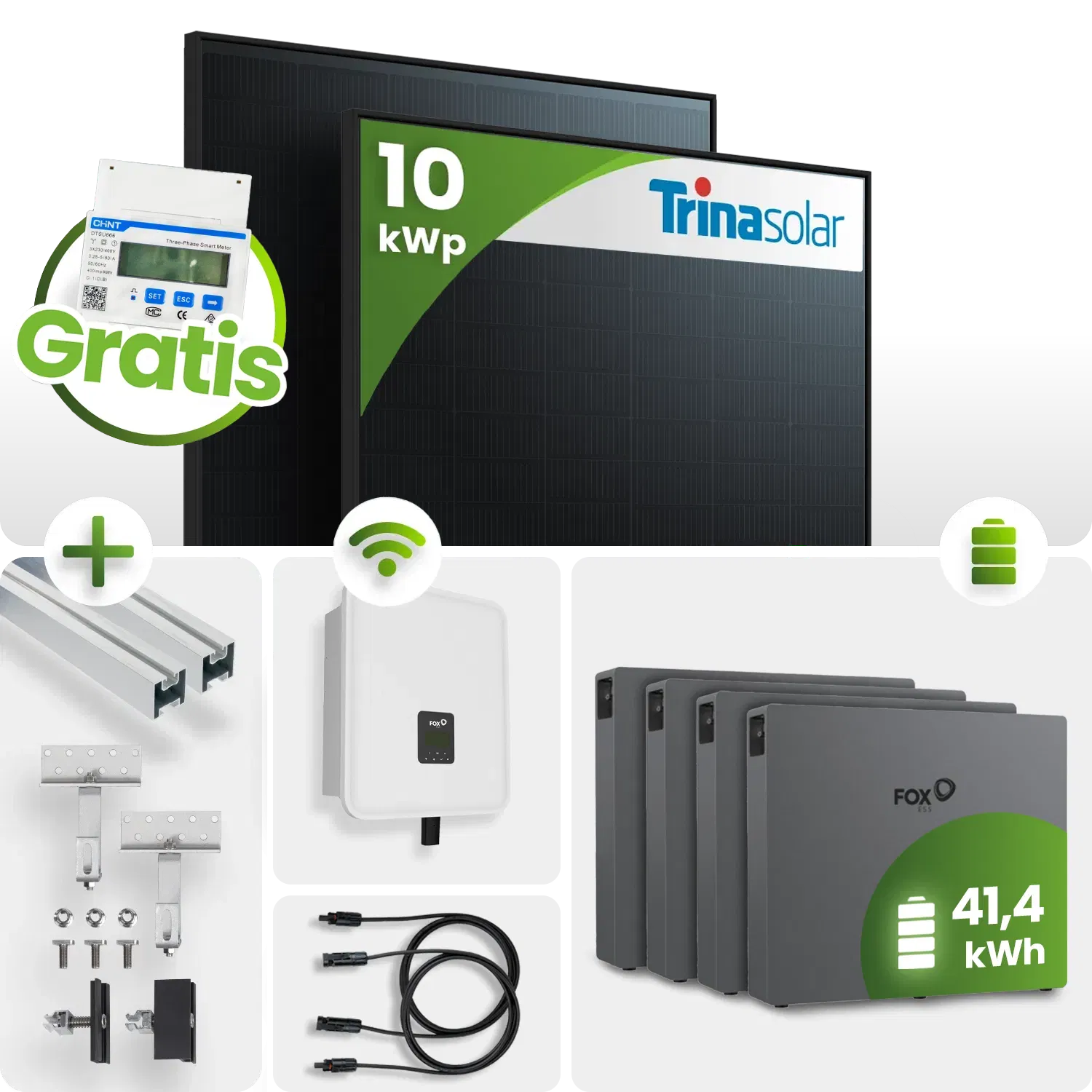 10 kWp FoxEss PV-Anlage 22x Trina 455Wp Glas-Glas 40 kWh Speicher inkl. Smart Meter - Notstromfähig 10 kWp FoxEss PV-Anlage 22x Trina 455Wp Glas-Glas 40 kWh Speicher inkl. Smart Meter - Notstromfähig
