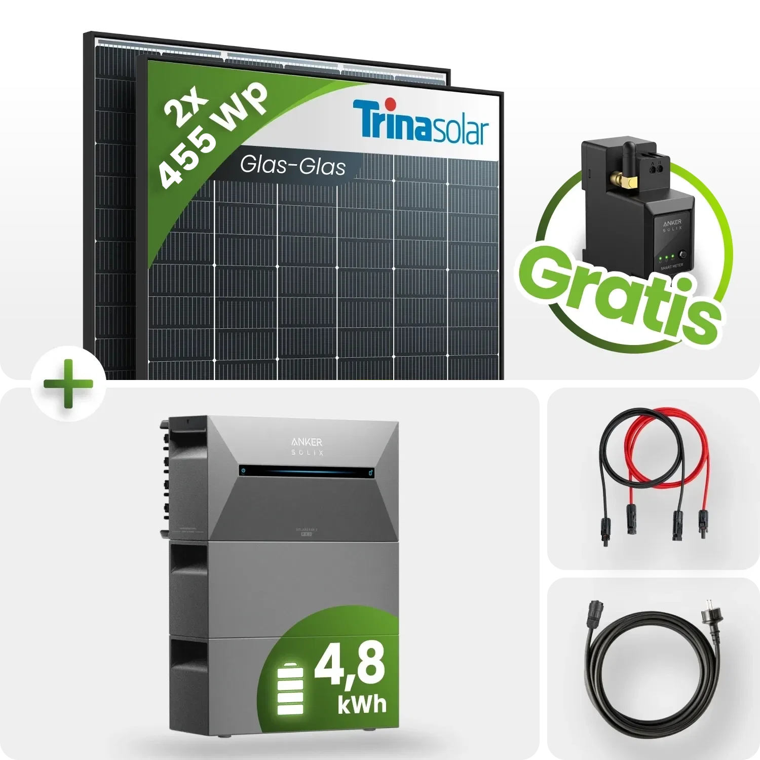 910Wp Balkonkraftwerk 4,8kWh Speicher Anker Solarbank 2 – 2x455Wp Trina Black Frame