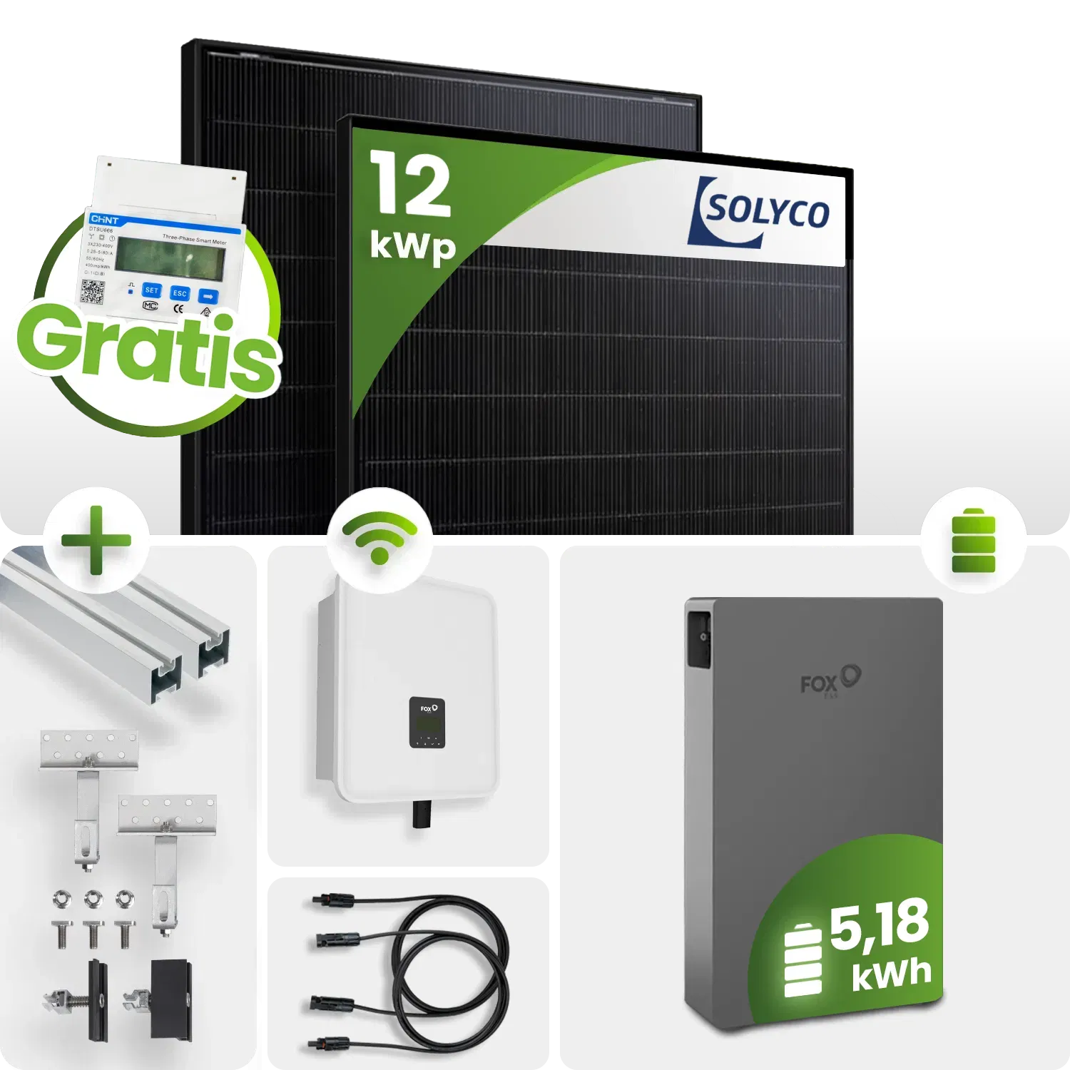 12 kWp FoxEss PV-Anlage 27x Solyco 445Wp HJT Bifazial Fullblack 5kWh Speicher inkl. Smart Meter 12 kWp FoxEss PV-Anlage 27x Solyco 445Wp HJT Bifazial Fullblack 5kWh Speicher inkl. Smart Meter