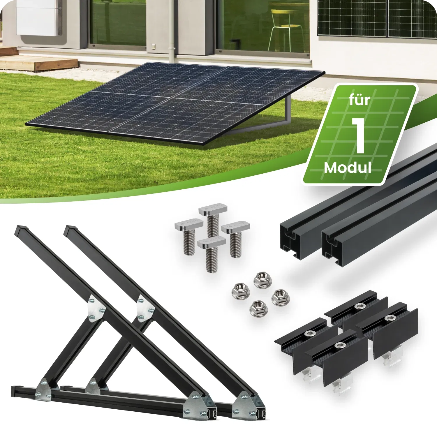 SCHWARZES Flachdach- und Wand- Montageset für 1 Modul fertig montiert mit Schiene SCHWARZES Flachdach- und Wand- Montageset für 1 Modul fertig montiert mit Schiene