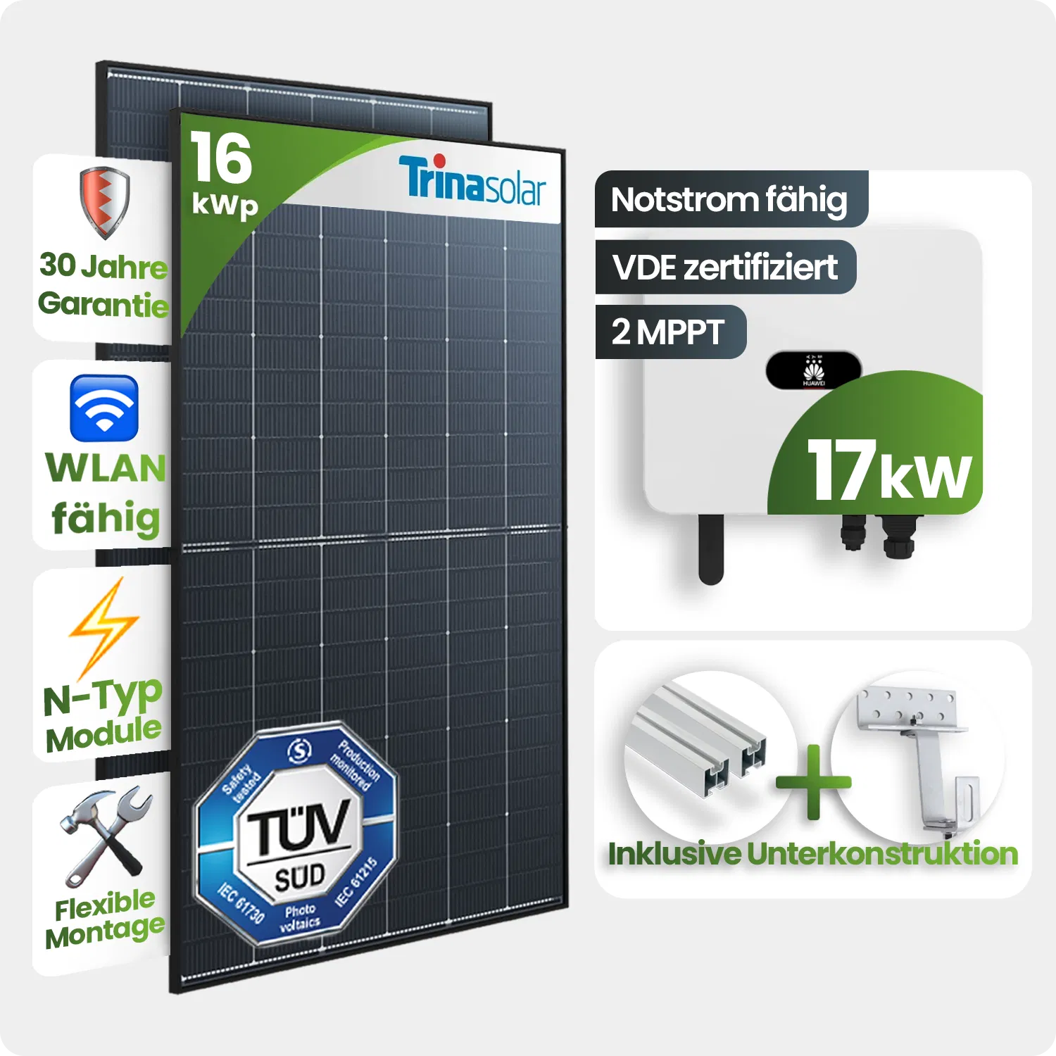 16 kWp Huawei PV-Anlage 36x Trina 455Wp Glas-Glas Black Frame Speicherfähig 16 kWp Huawei PV-Anlage 36x Trina 455Wp Glas-Glas Black Frame Speicherfähig