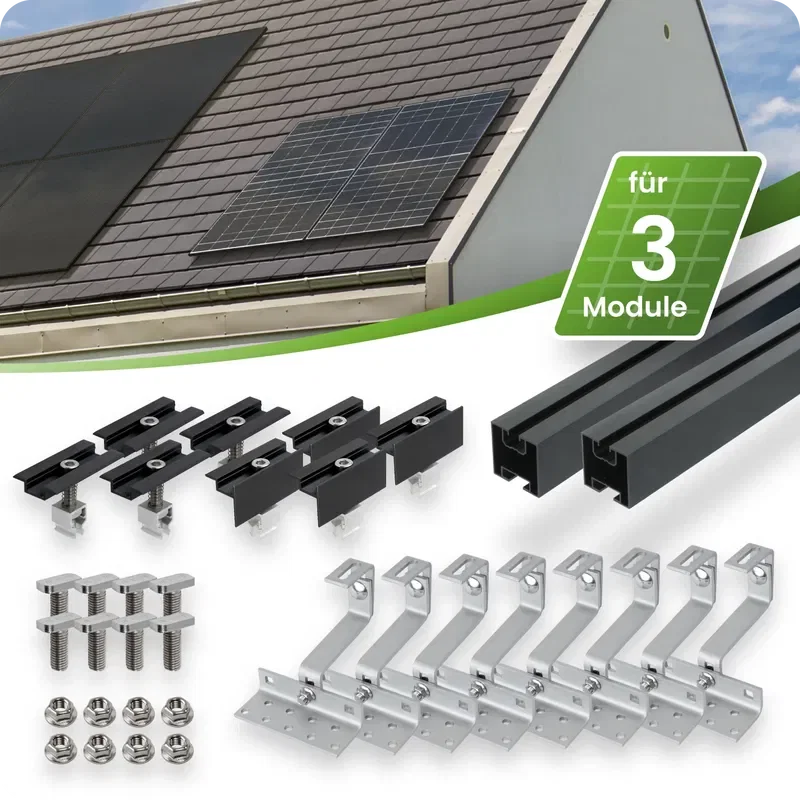Tepto Schrägdach Montageset Schwarz für 3 PV-Module senkrecht 30 mm Rahmenhöhe