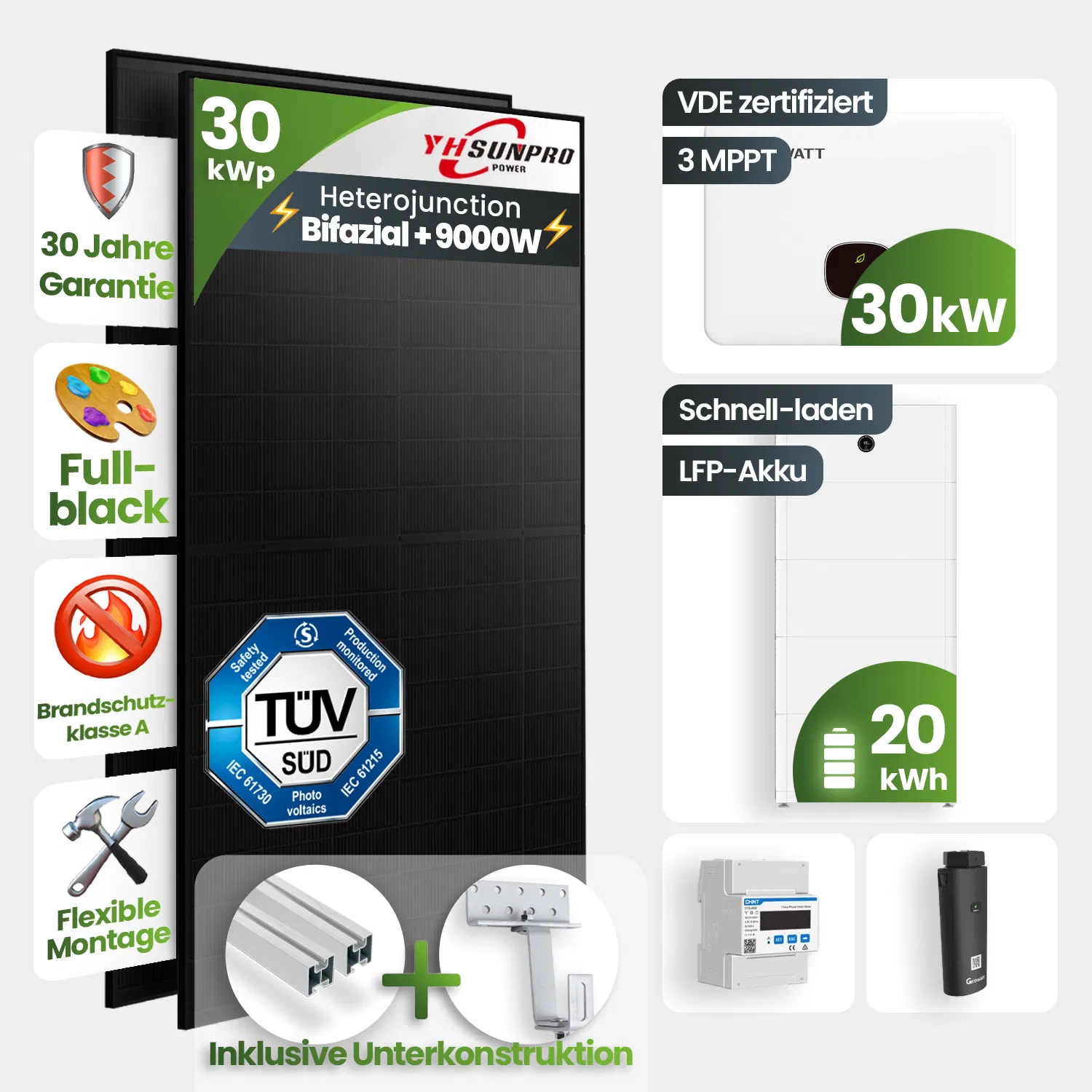 30 kWp Growatt PV-Anlage 60x Sunpro 500Wp Bifazial Fullblack mit 20 kWh Speicher