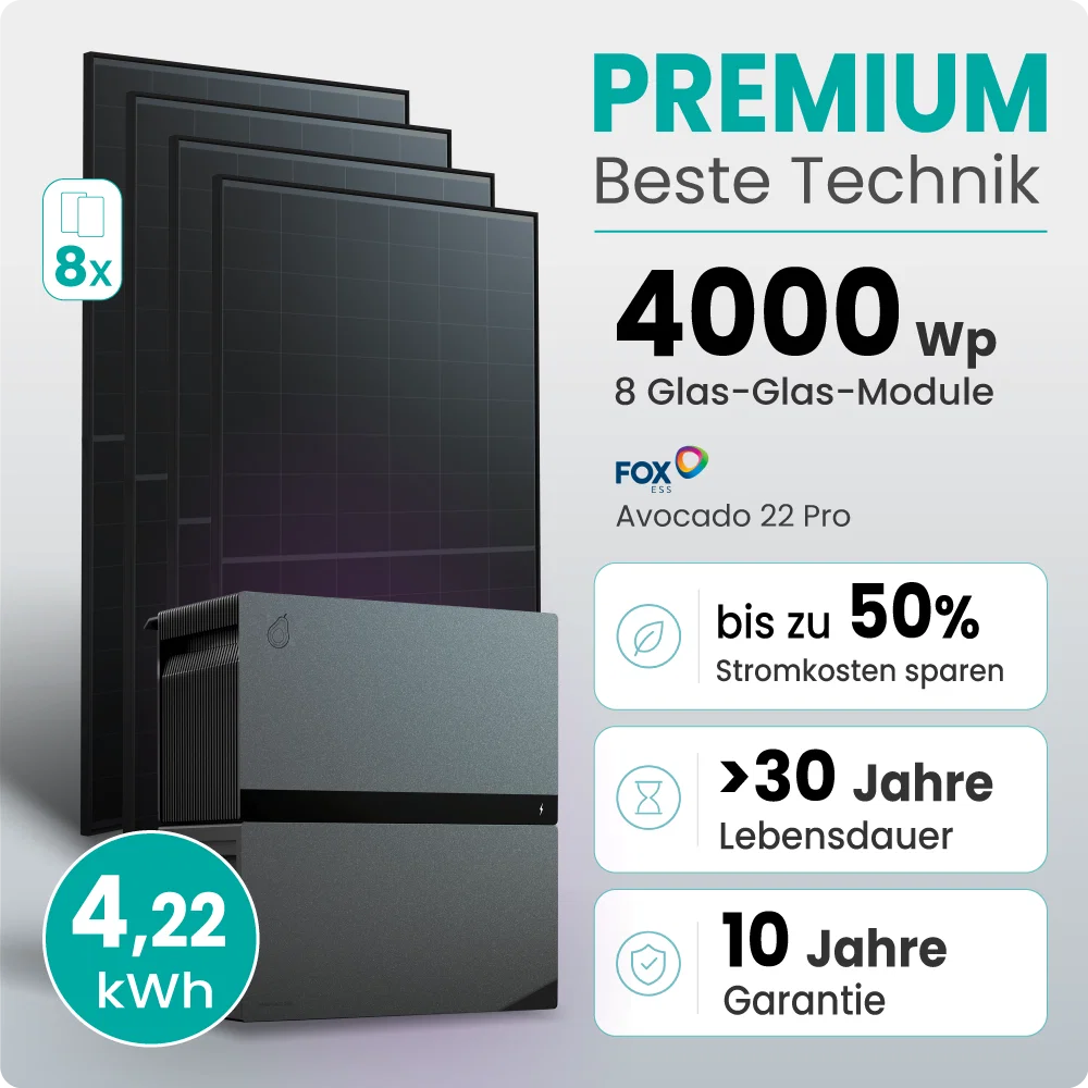 Tepto 4000W Plug&Play PV-Anlage Premium mit FoxEss Avocado 22 Pro 4,22kWh Speicher