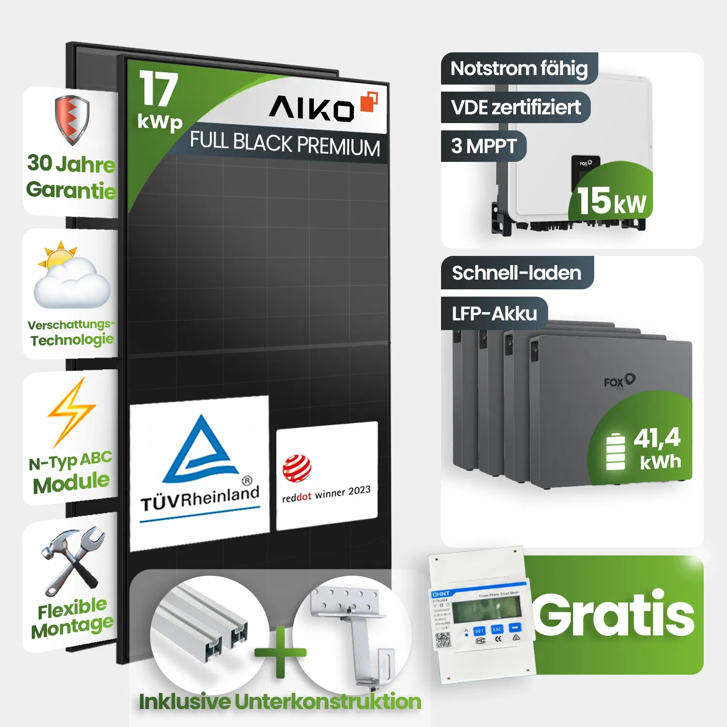 17 kWp PV-Anlage 37x Aiko 460Wp Fullblack Glas-Glas 40kWh Speicher Schrägdachmontage - Notstromfähig 17 kWp PV-Anlage 37x Aiko 460Wp Fullblack Glas-Glas 40kWh Speicher Schrägdachmontage - Notstromfähig