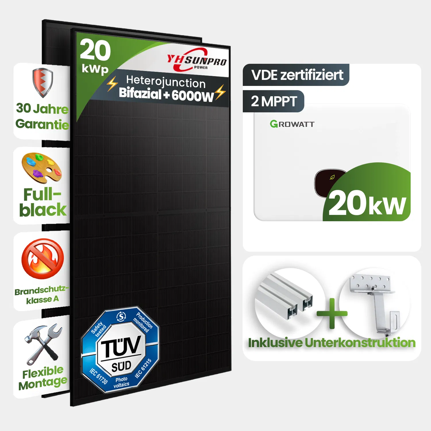 20 kWp Growatt PV-Anlage 40x Sunpro 500Wp Bifazial Fullblack Speicherfähig 20 kWp Growatt PV-Anlage 40x Sunpro 500Wp Bifazial Fullblack Speicherfähig