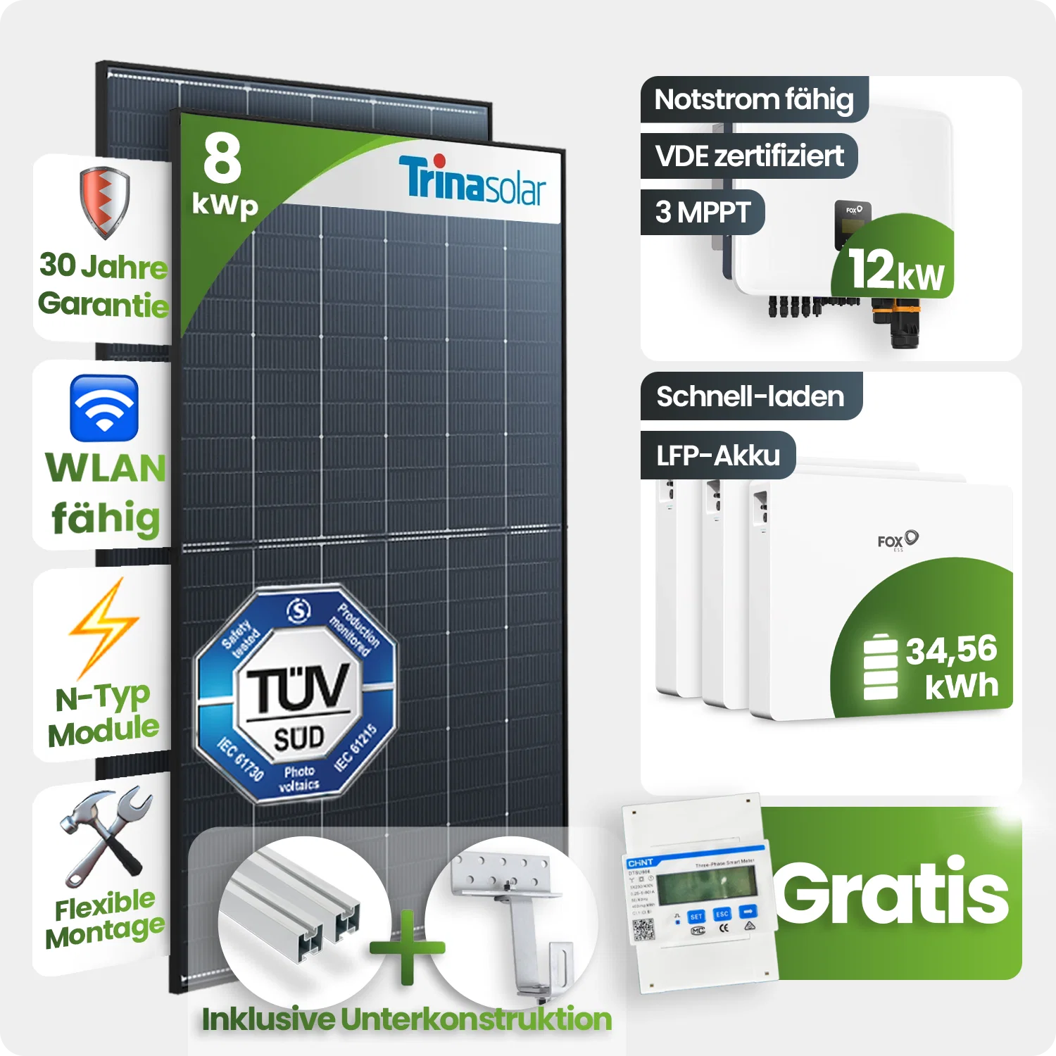 8 kWp FoxEss PV-Anlage 18x Trina 455Wp Glas-Glas Fullblack Schrägdach 34,56kWh Speicher inkl. Smart Meter