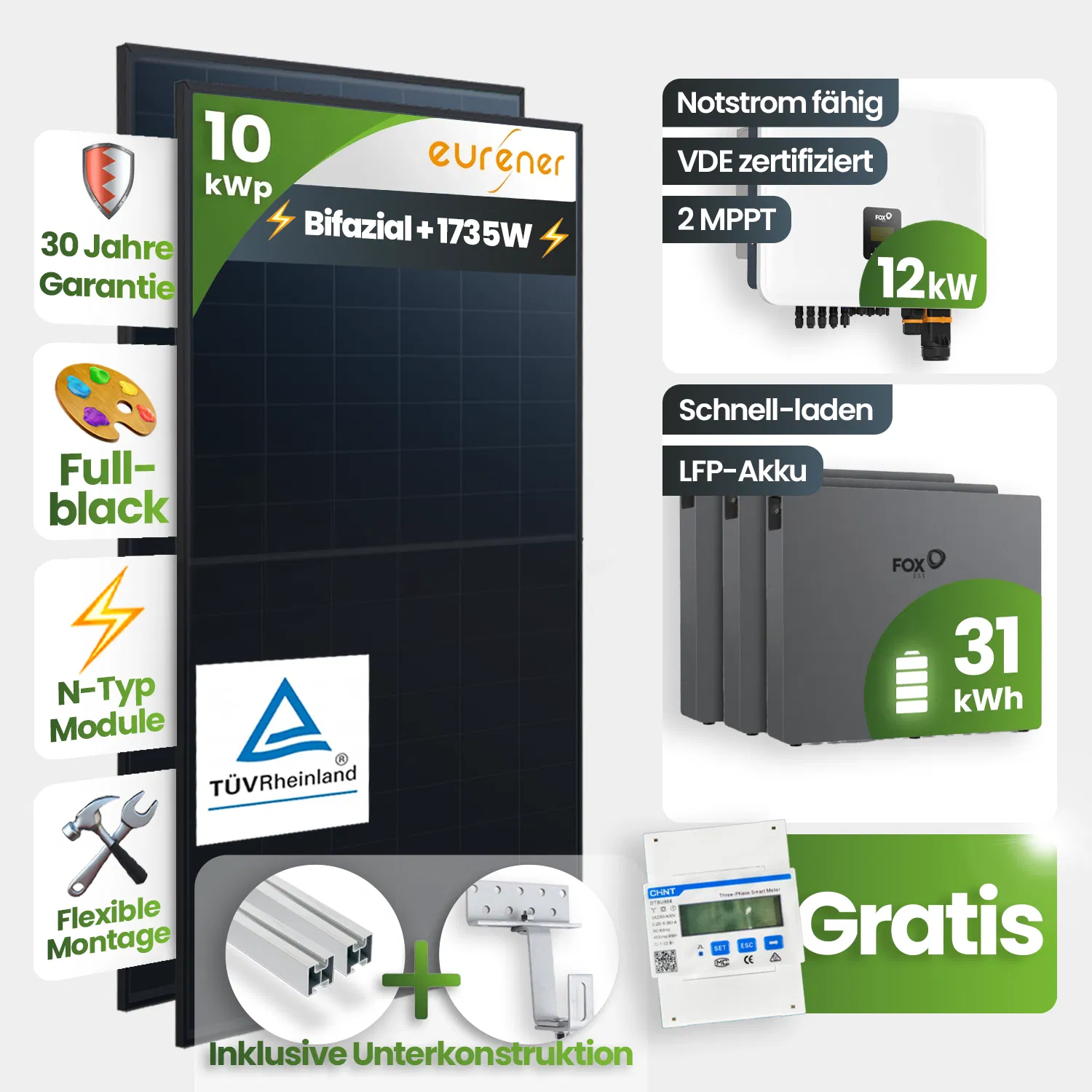 10kWp FoxEss PV-Anlage 22x Eurener 450Wp ULTRA Bifazial Schrägdachmontage 41kWh Speicher inkl. Smart Meter 10kWp FoxEss PV-Anlage 22x Eurener 450Wp ULTRA Bifazial Schrägdachmontage 41kWh Speicher inkl. Smart Meter