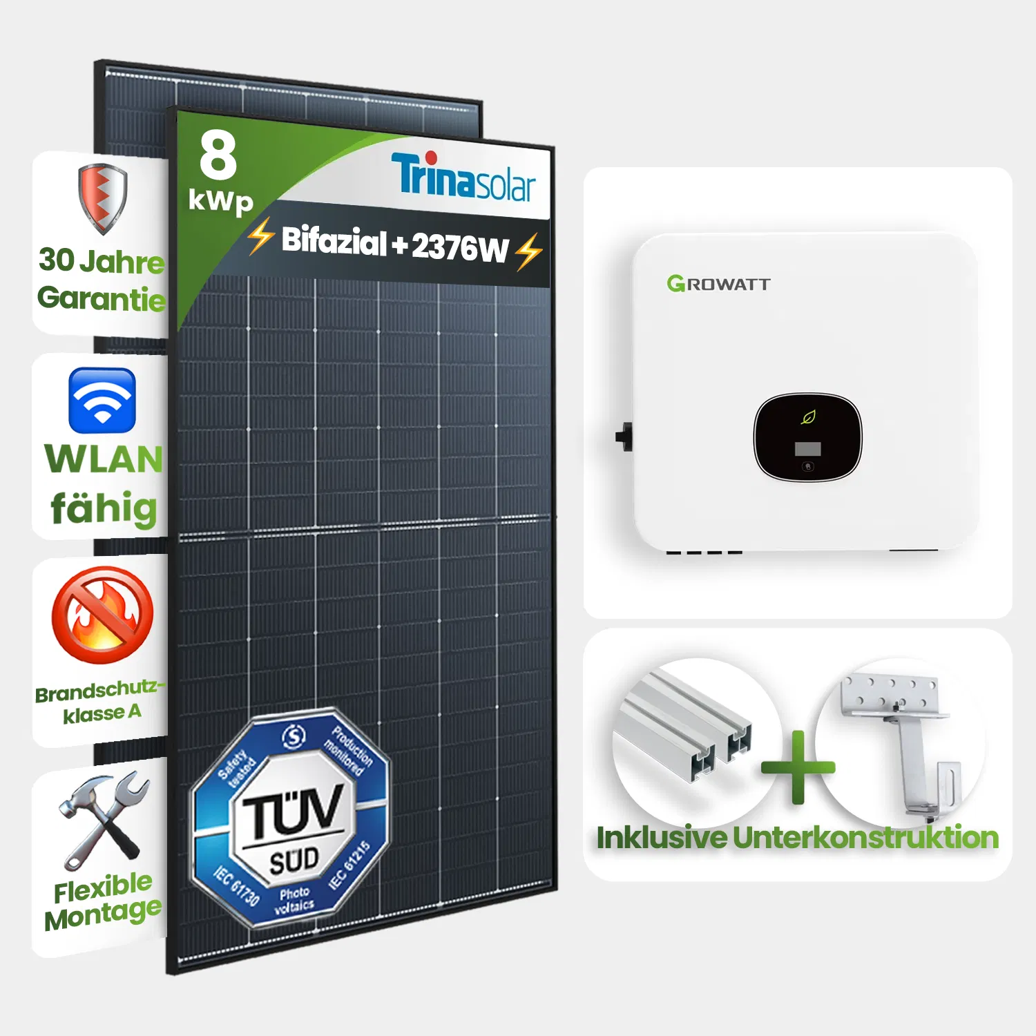 8kWp Growatt PV-Anlage 18x Trina 440Wp Glas-Glas Bifazial Schrägdachmontage 8kWp Growatt PV-Anlage 18x Trina 440Wp Glas-Glas Bifazial Schrägdachmontage