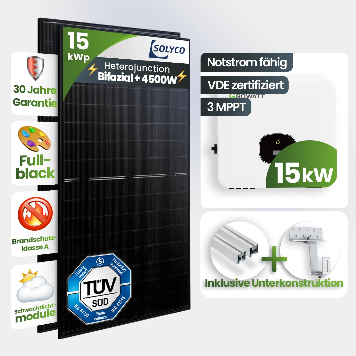 12 kWp Growatt PV-Anlage 24x Solyco 500Wp Glas-Glas Bifazial Fulblack Speicherfähig 12 kWp Growatt PV-Anlage 24x Solyco 500Wp Glas-Glas Bifazial Fulblack Speicherfähig