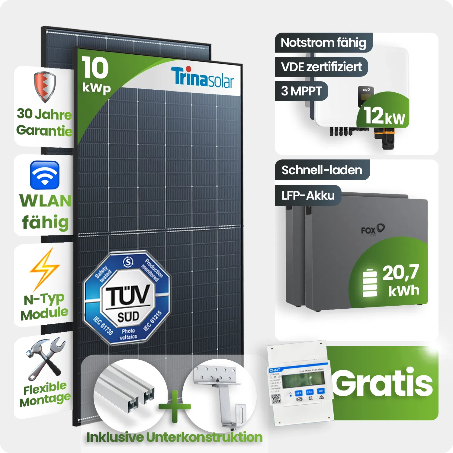 10 kWp FoxEss PV-Anlage 22x Trina 455Wp Glas-Glas 20kWh Speicher inkl. Smart Meter - Notstromfähig 10 kWp FoxEss PV-Anlage 22x Trina 455Wp Glas-Glas 20kWh Speicher inkl. Smart Meter - Notstromfähig