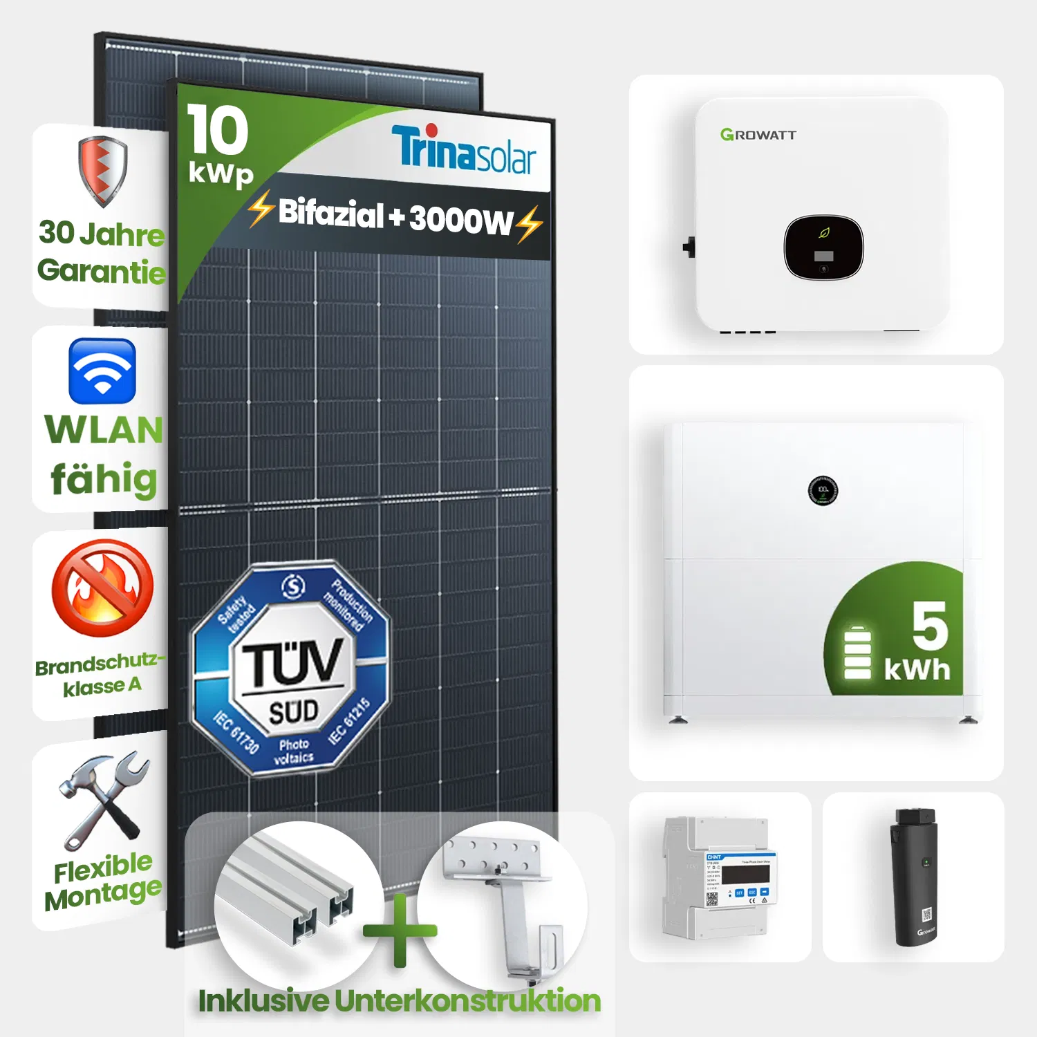 10kWp Growatt PV-Anlage 23x Trina 445Wp Bifazial Black Frame Schrägdachmontage 5kWh Speicher