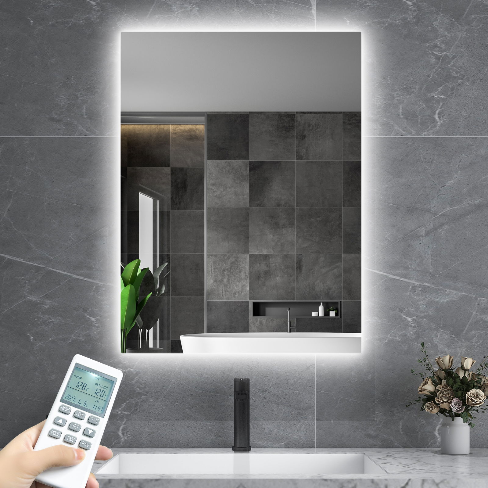 Infrarotheizung Spiegel mit Fernbedienung Elektroheizung Wandmontage 580W Innenarchitektur, Kabinett, Person, Blumen-Arrangement, Wasserhahn für Waschbecken