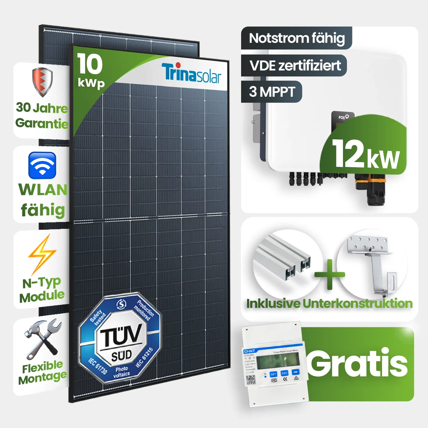 10 kWp FoxEss PV-Anlage 22x Trina 455Wp Glas-Glas inkl. Smart Meter Notstromfähig - Speicher erweiterbar 10 kWp FoxEss PV-Anlage 22x Trina 455Wp Glas-Glas inkl. Smart Meter Notstromfähig - Speicher erweiterbar