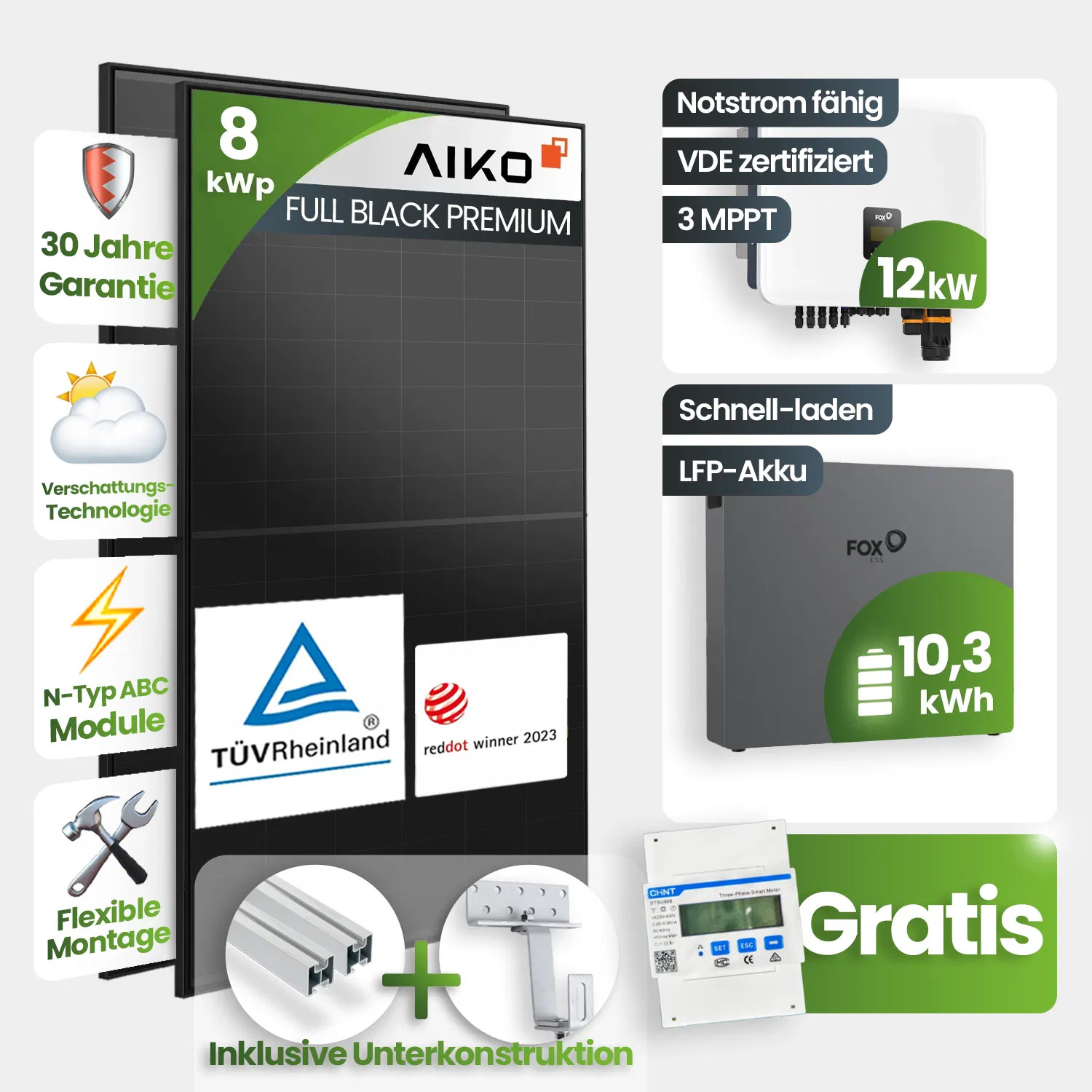 8 kWp FoxEss PV-Anlage 17x Aiko 460Wp Glas-Glas Fullblack Schrägdach 10kWh Speicher inkl. Smart Meter