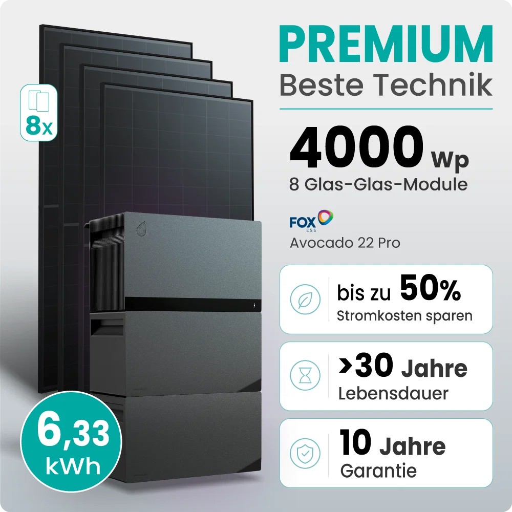 Tepto 4000W Plug&Play PV-Anlage Premium mit FoxEss Avocado 22 Pro 6,33kWh Speicher