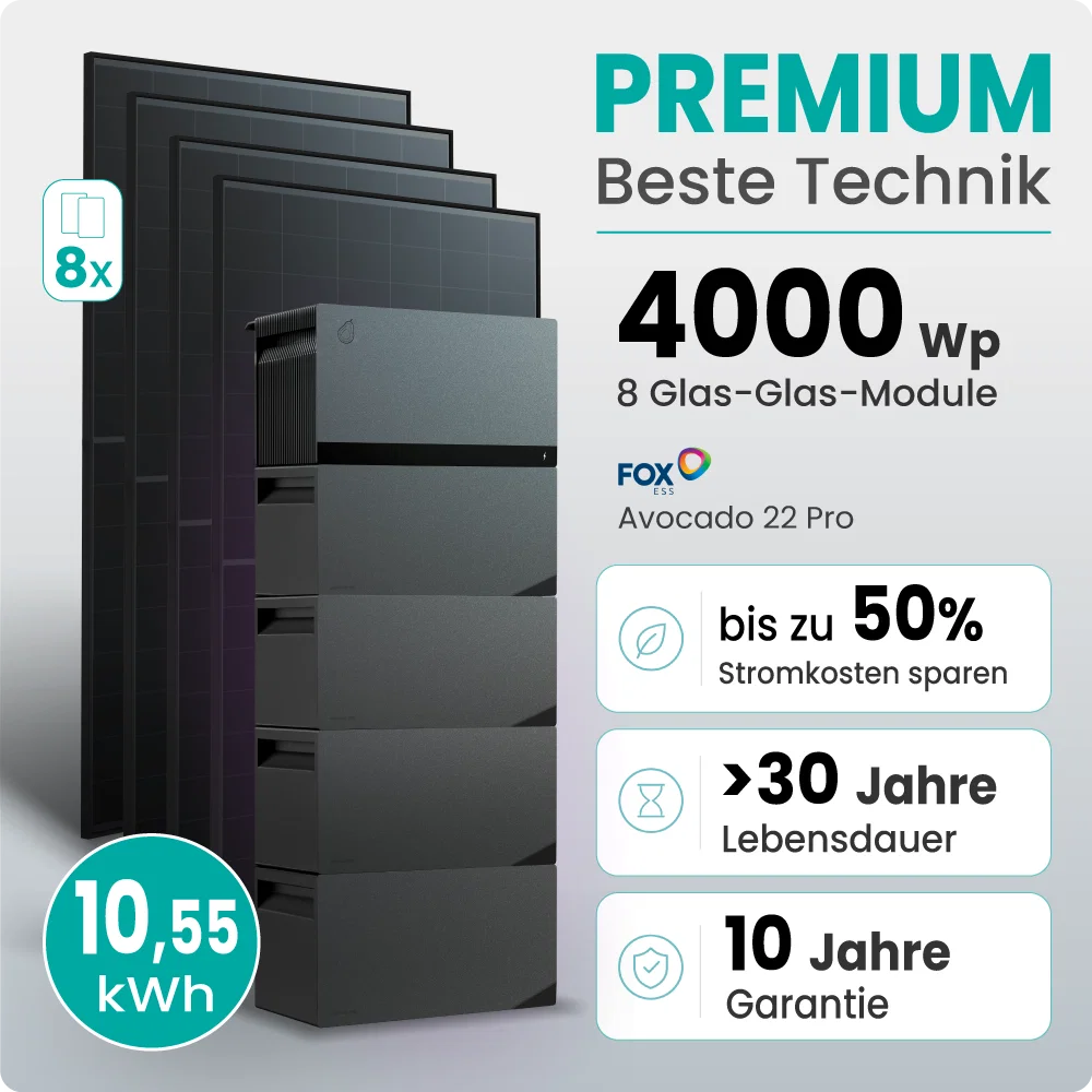 Tepto 4000W Plug&Play PV-Anlage Premium mit FoxEss Avocado 22 Pro 10,55kWh Speicher