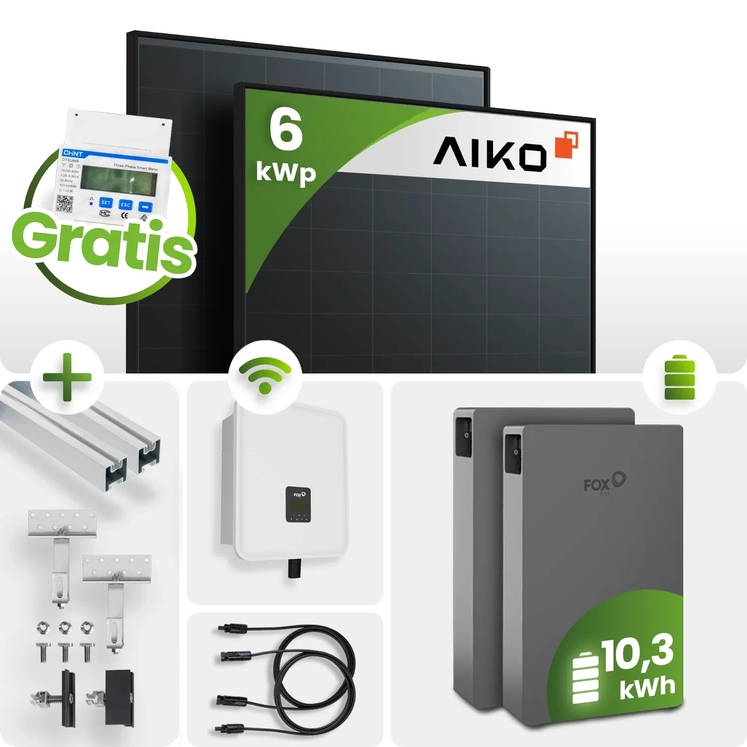 6kWp FoxEss PV-Anlage 13x Aiko 460Wp Glas-Glas Fullblack Schrägdachmontage 10kWh Speicher inkl. Smart Meter 6kWp FoxEss PV-Anlage 13x Aiko 460Wp Glas-Glas Fullblack Schrägdachmontage 10kWh Speicher inkl. Smart Meter