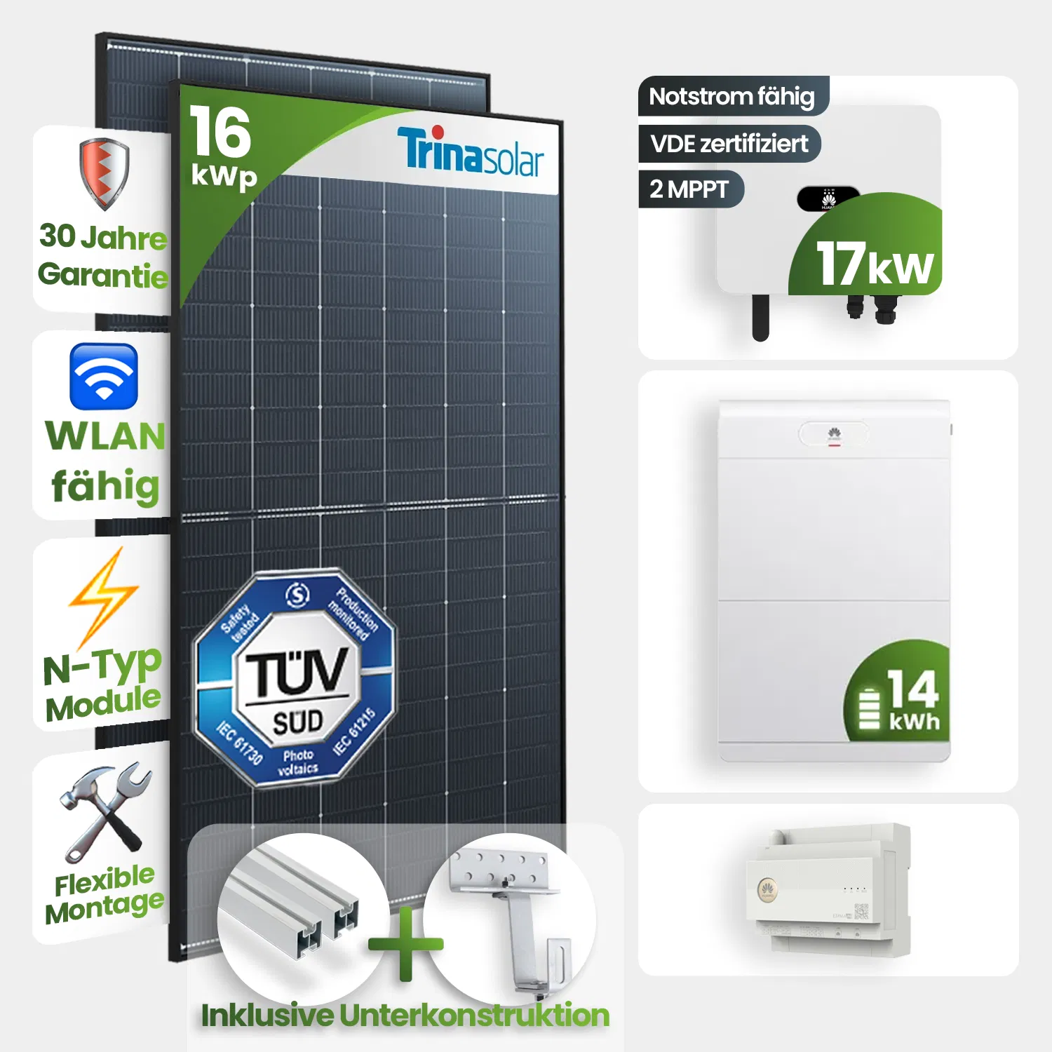 16 kWp Huawei PV-Anlage 36x Trina 455Wp Glas-Glas Black Frame mit 14 kWh Speicher 16 kWp Huawei PV-Anlage 36x Trina 455Wp Glas-Glas Black Frame mit 14 kWh Speicher