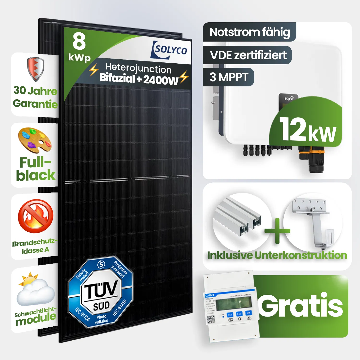 8 kWp FoxEss PV-Anlage 18x Solyco 445Wp HJT Bifazial Fullblack Schrägdach inkl. Smartmeter 8 kWp FoxEss PV-Anlage 18x Solyco 445Wp HJT Bifazial Fullblack Schrägdach inkl. Smartmeter